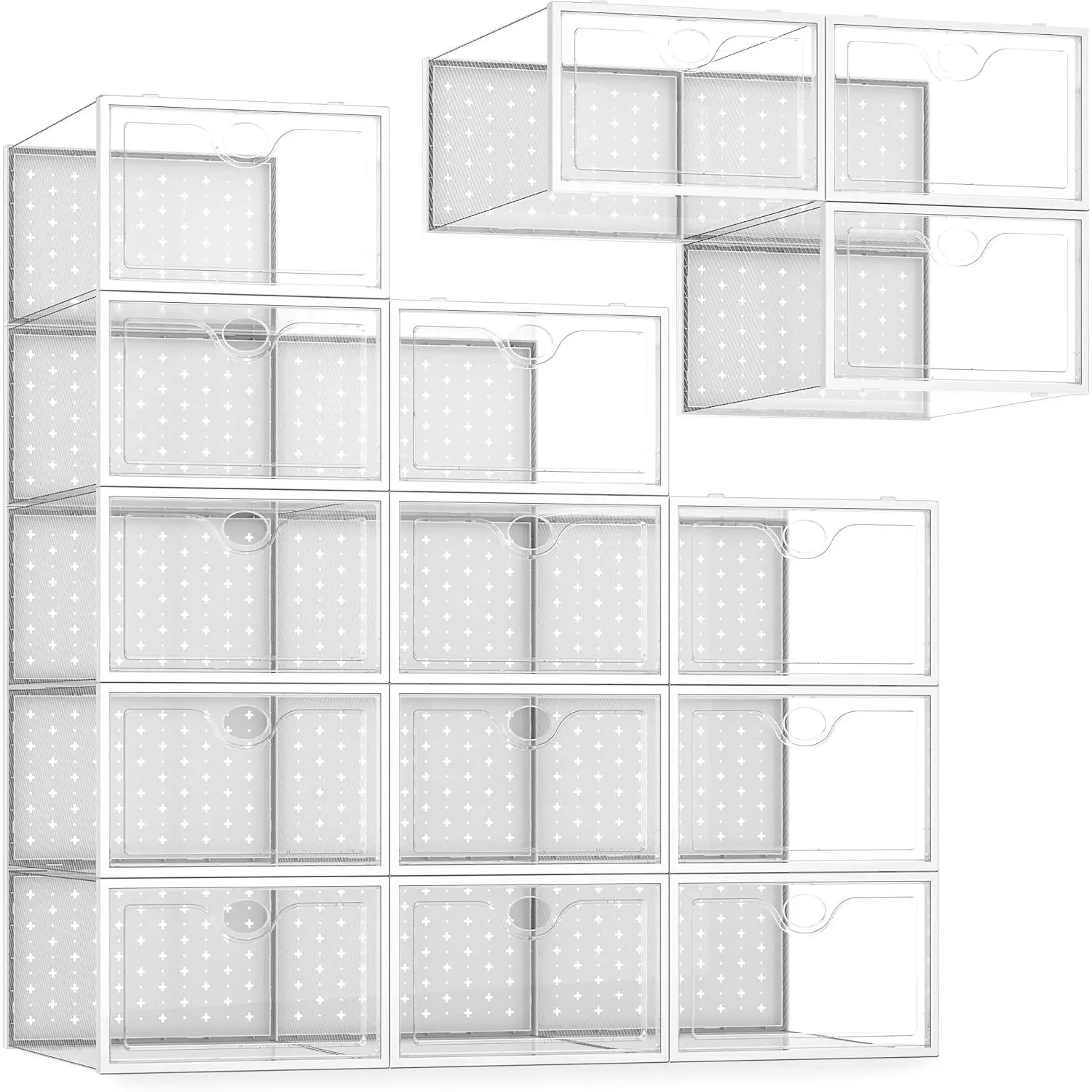 15-Pack White X-Large Transparent Stackable Home Organizer Bins - Fit US Size 11, 6.2” Height, Shoe Display Case Holders for Sneakerheads