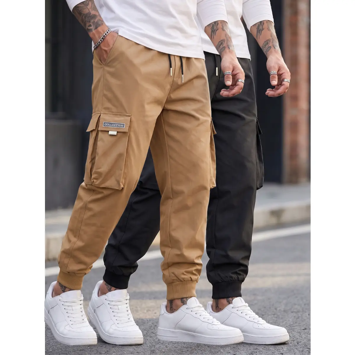 Men's 2-Pack Beige Cargo Pants - Loose Fit Jogger Style Soft Polyester, Cargo Style, Multi-Pockets, Double Pockets, Letter Patch for Casual Hiking, Beige Cargo Men's Pants Plain Stylish Streetwear Fabric Comfy Menswear