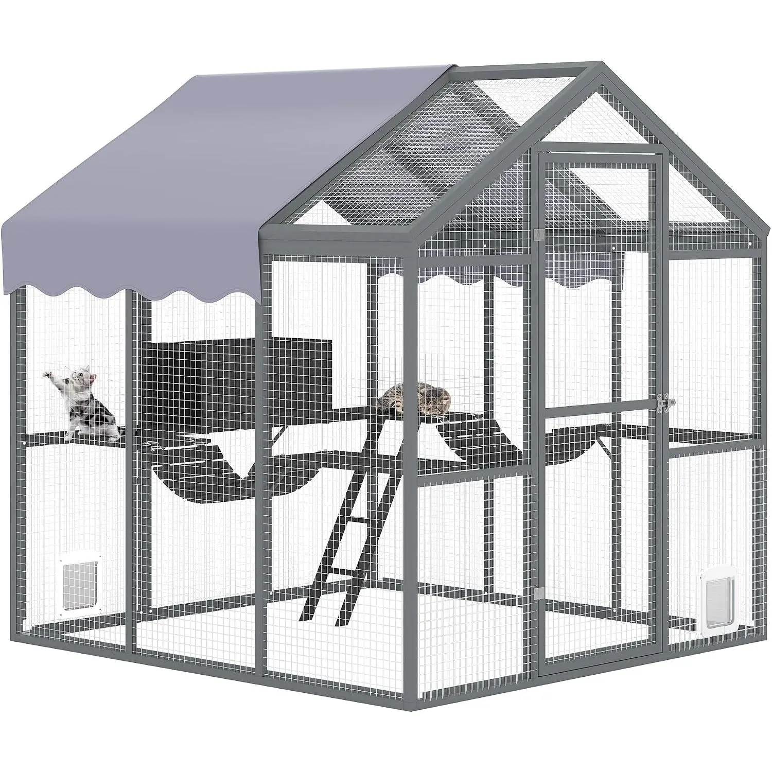Extra Large Outdoor Catio Enclosure, Walk-in Cat Run with Channels, Platforms, Side Door & UV-Proof Cover for Multiple Cats ﻿ ﻿
