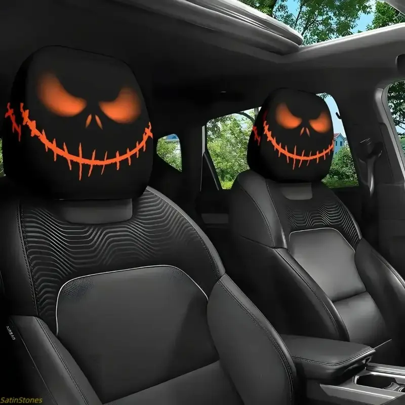 Funky Pumpkin Skull Car Headrest Covers (2-Pack), Soft Universal Fit Halloween Decor with Glowing Eyes for Auto Interiors, Peppy, Glamorous, Automotive Decorative Accessories, Car Interior Ornaments, Soft Pvc, 2-Pieces, Comfortable Material