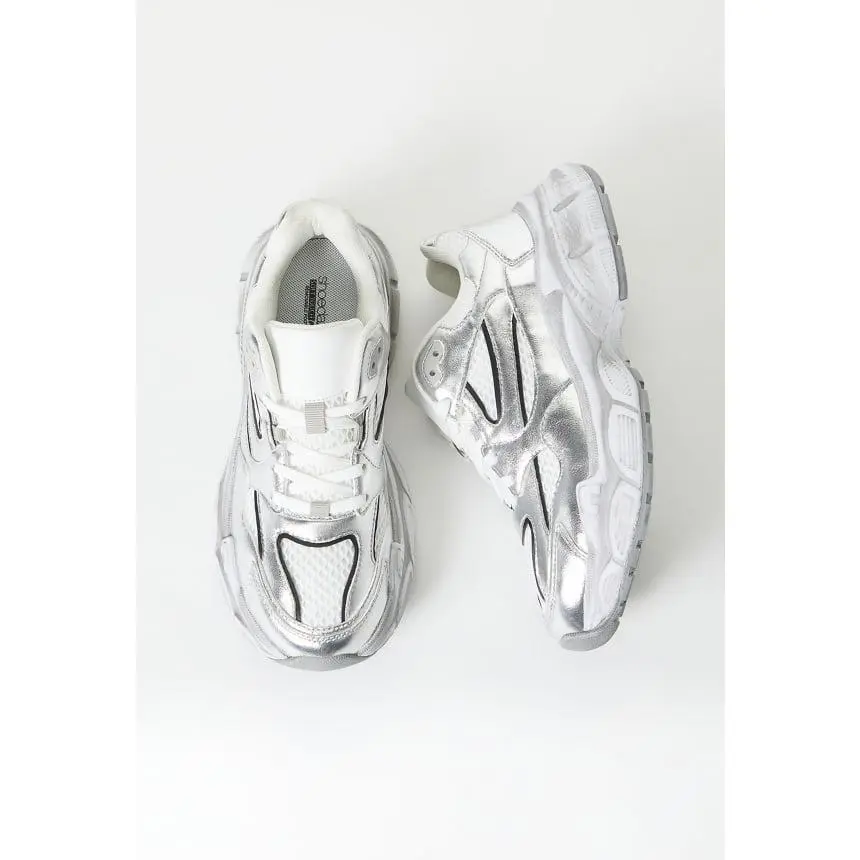 JUST FAB Women's Metallic Silver Chunky Sneakers, Y2K Platform Lace Up Fashion Sneakers, 1.75" Mesh Athletic Streetwear Shoes Back To School