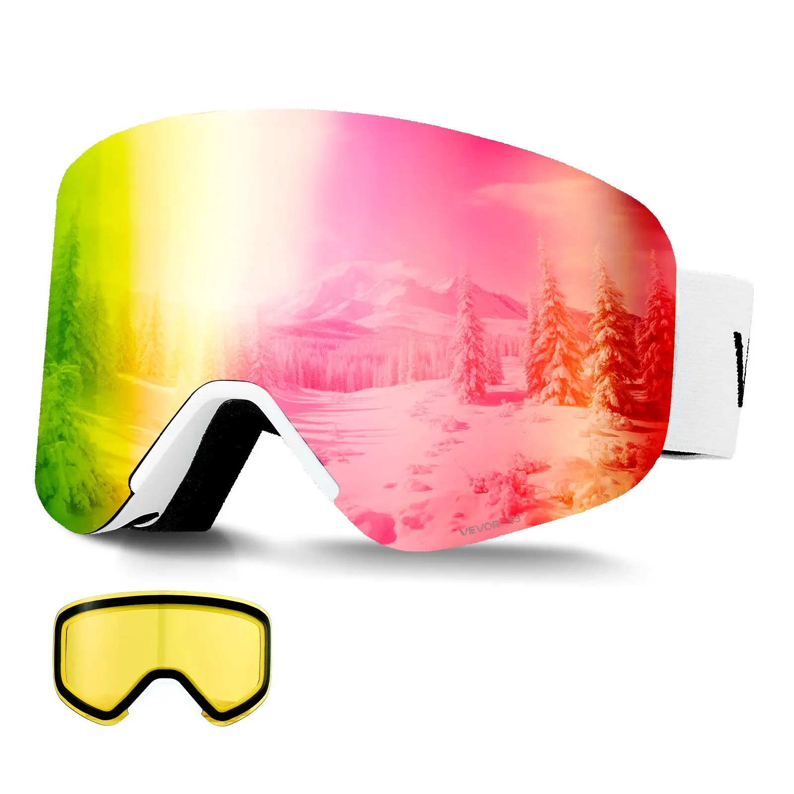 VEVOR Frameless Ski Goggles, Magnet Cylindrical Lens with Pink Revo Coating, OTG Anti fog Snow Goggles for Men Women Youth, TPU Frame Ventilation Structure, Fit for Skiing, Skating, Snowboarding