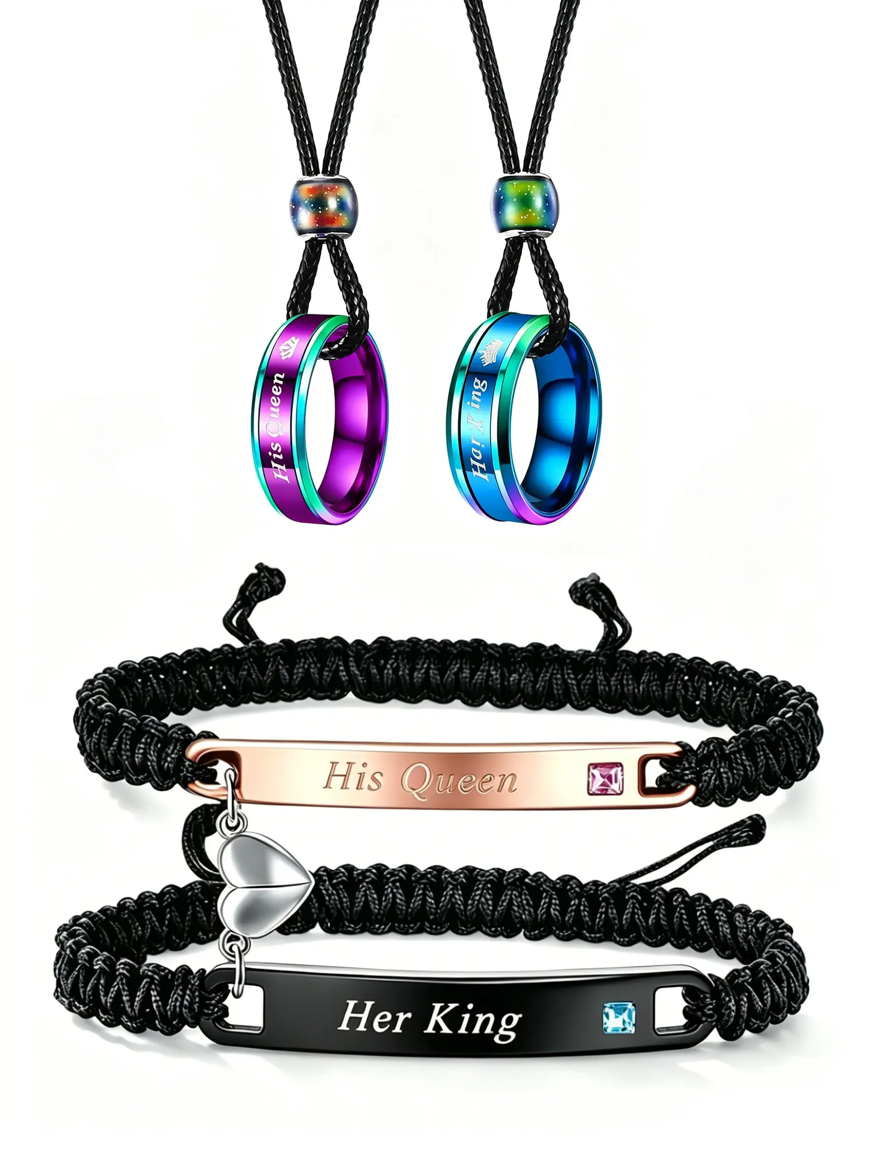 His Queen & Her King Matching Couple Jewelry Set, Couples Jewelry Set, Adjustable Fit, Magnetic Heart Braided Bracelets + Gradient Ring Necklaces, Perfect romantic gift for anniversary, Valentine's Day, dating