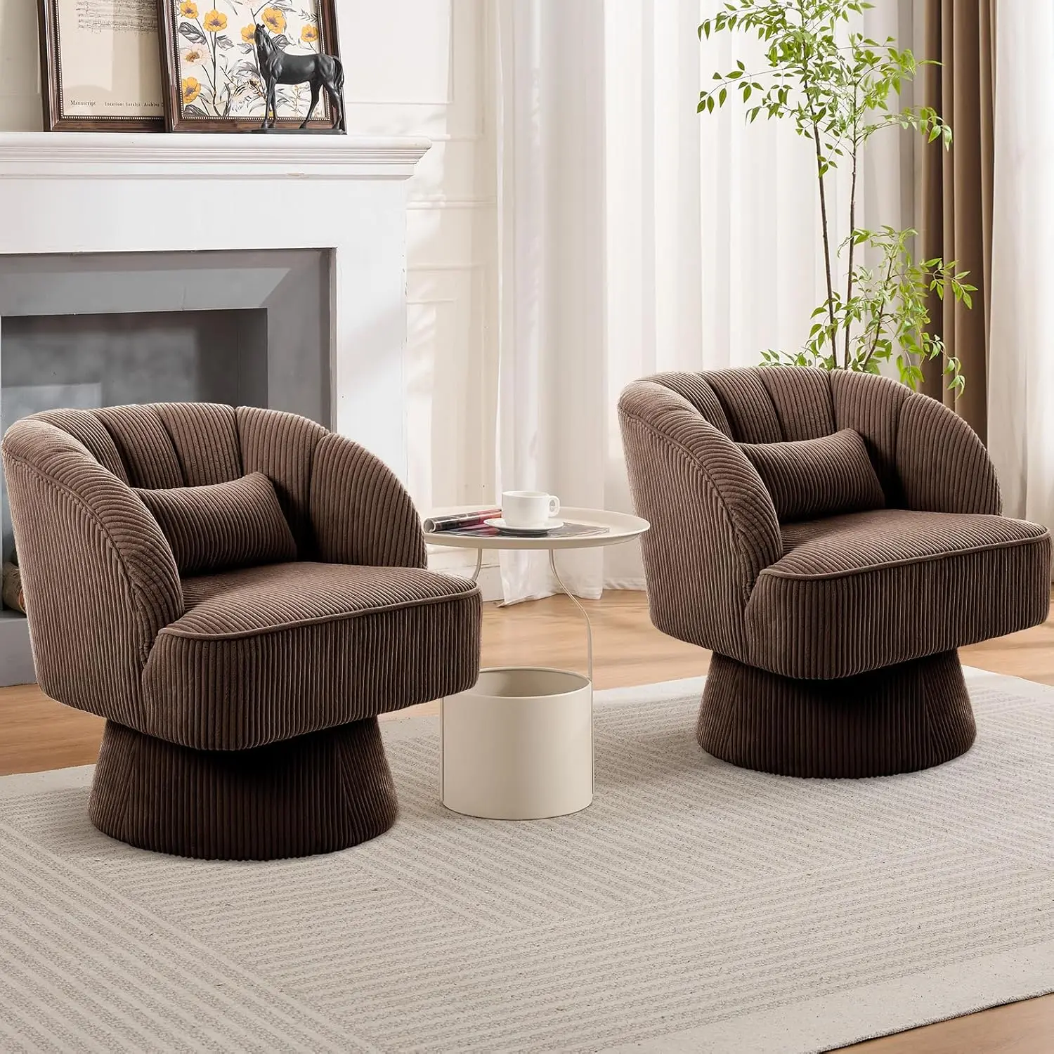 Garvee Modern Swivel Barrel Accent Chair – Soft Stuffed, Striped Backrest, 360° Rotation, Comfortable Armchair for Living Room or Bedroom