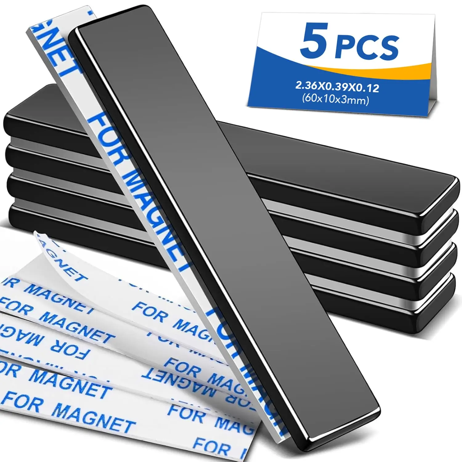 Neodymium Magnets, 5 Pack Black Super Strong Magnets Bar, Waterproof Heavy Duty Magnet with Adhesive Backing, Rare Earth Small Magnet Strips for Fridge, Craft, Science - 60x10x3 mm