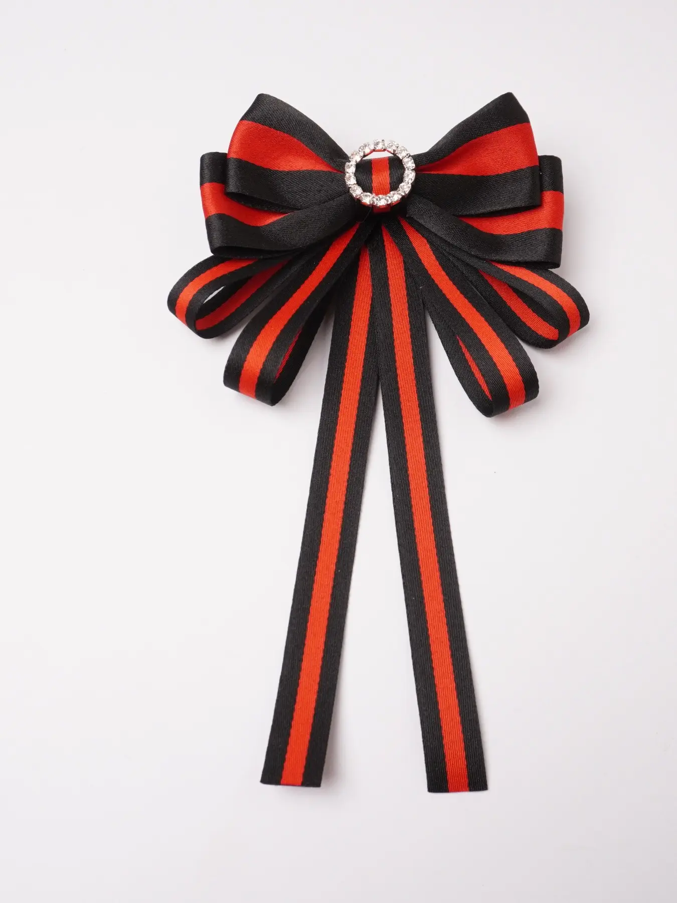 1pcs Colorblock Striped Ribbon Multi-Layer Long Bow Tie, Rhinestone Center Pin, Shirt Lapel Accessory, Lolita Style, Dual-Use Brooch