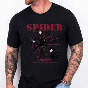 100% Cotton Spider Patterned T-shirt - "Spider Wonder" Design Tee for Women Men, Red Spider Webs and Black Spiders, Casual Round Neck Unisex Short Seeved Top