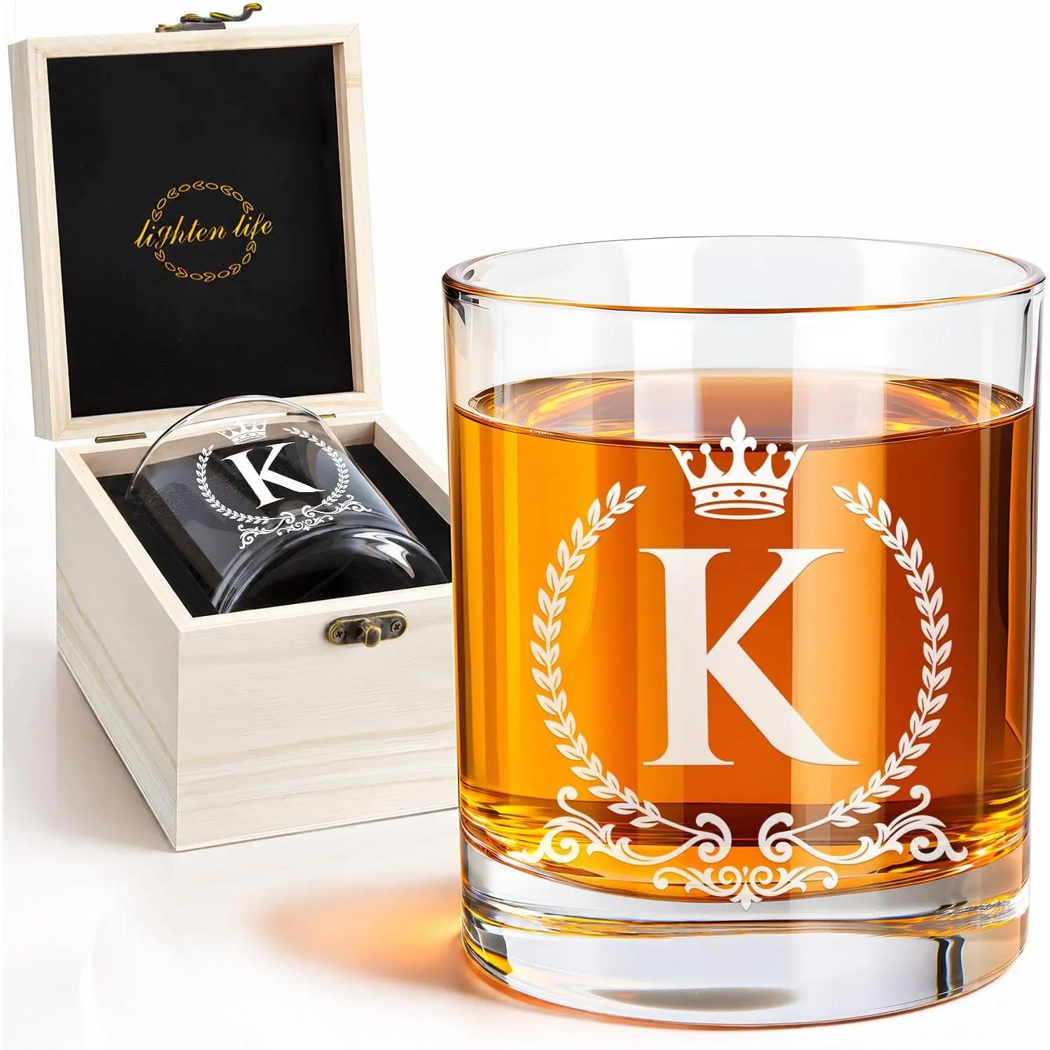 Personalized Whiskey Glass Gifts 12oz in a Wooden Box(K) |   Monogrammed Letter Rocks Glass, Custom Initial Whiskey Glass Birthday Gifts for Men Husband Dad Father Friends Best Man