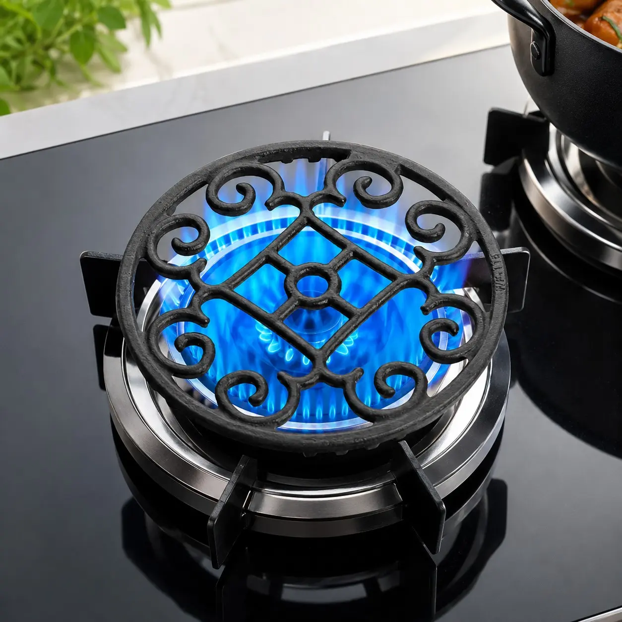 Cast Iron Gas Stove Pot Stand Non Slip Durable Burner Mat 8 Slot Design Decorative Swirl Pattern Compatible with Most Cooktops Kitchen Accessories for Safe Cooking Heavy Duty Metal Construction