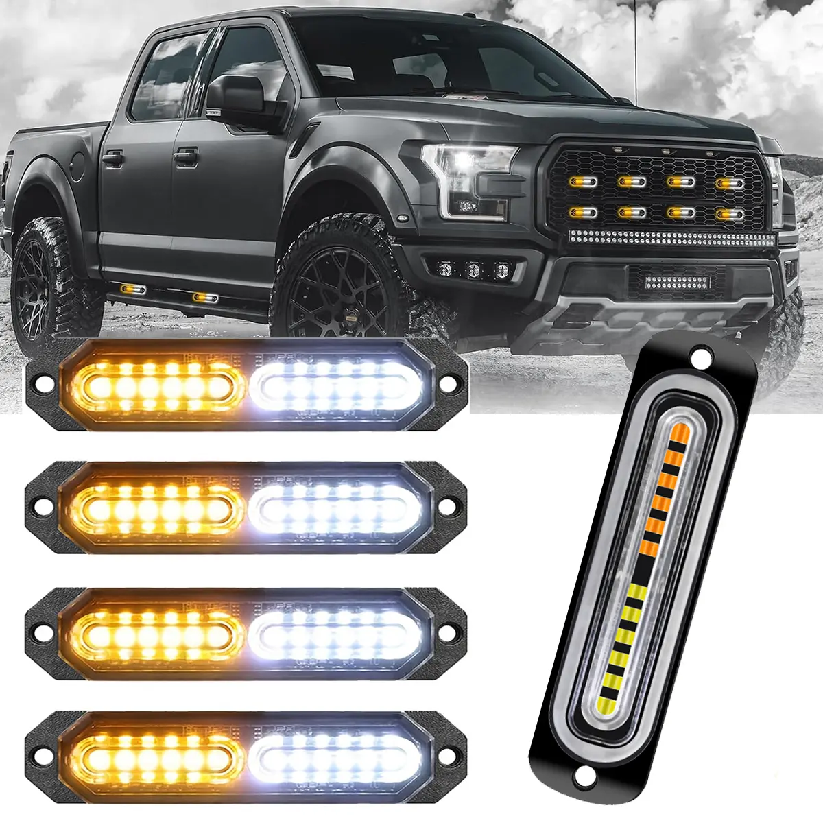 4PCS LED Side Marker Lights, 12V-24V Ultra Slim Truck Grille Lights, Amber White Exterior Lights for Car, Pickup, SUV & Trailer