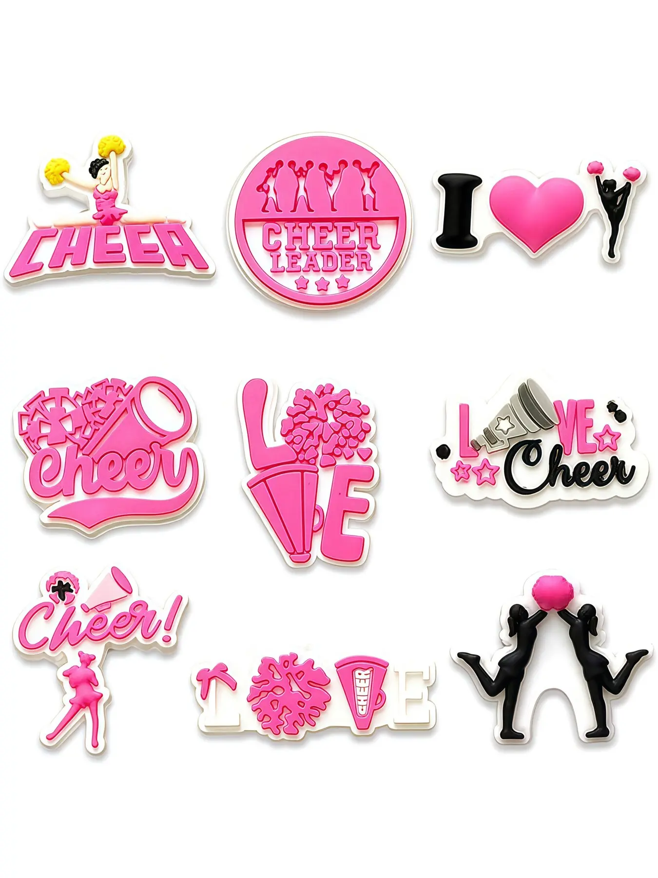 9 Piece Cheerleading Shoe Decor Set, Colorful Ball Horn Cheerleader Silhouette Soft Gel Decoration, Exclusive Shoe Top Accessories, Decorative Shoe Accessories, Shoe Charms