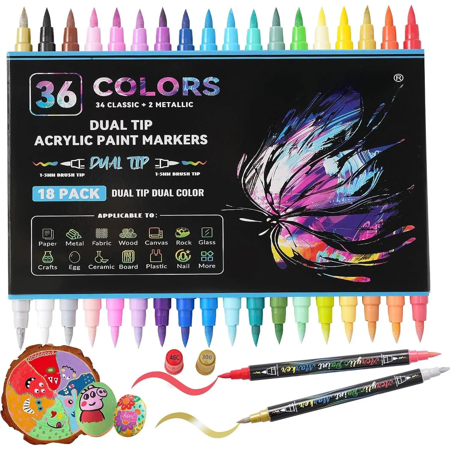 36 Colors   Markers,18 Pack -Color   Pens with Brush Tip Contain 2 Metallic Colors for Rock Painting,Egg,,Glass,Canvas,Fabric,Ceramic,Crafts,Art Supplies (36 Colors)