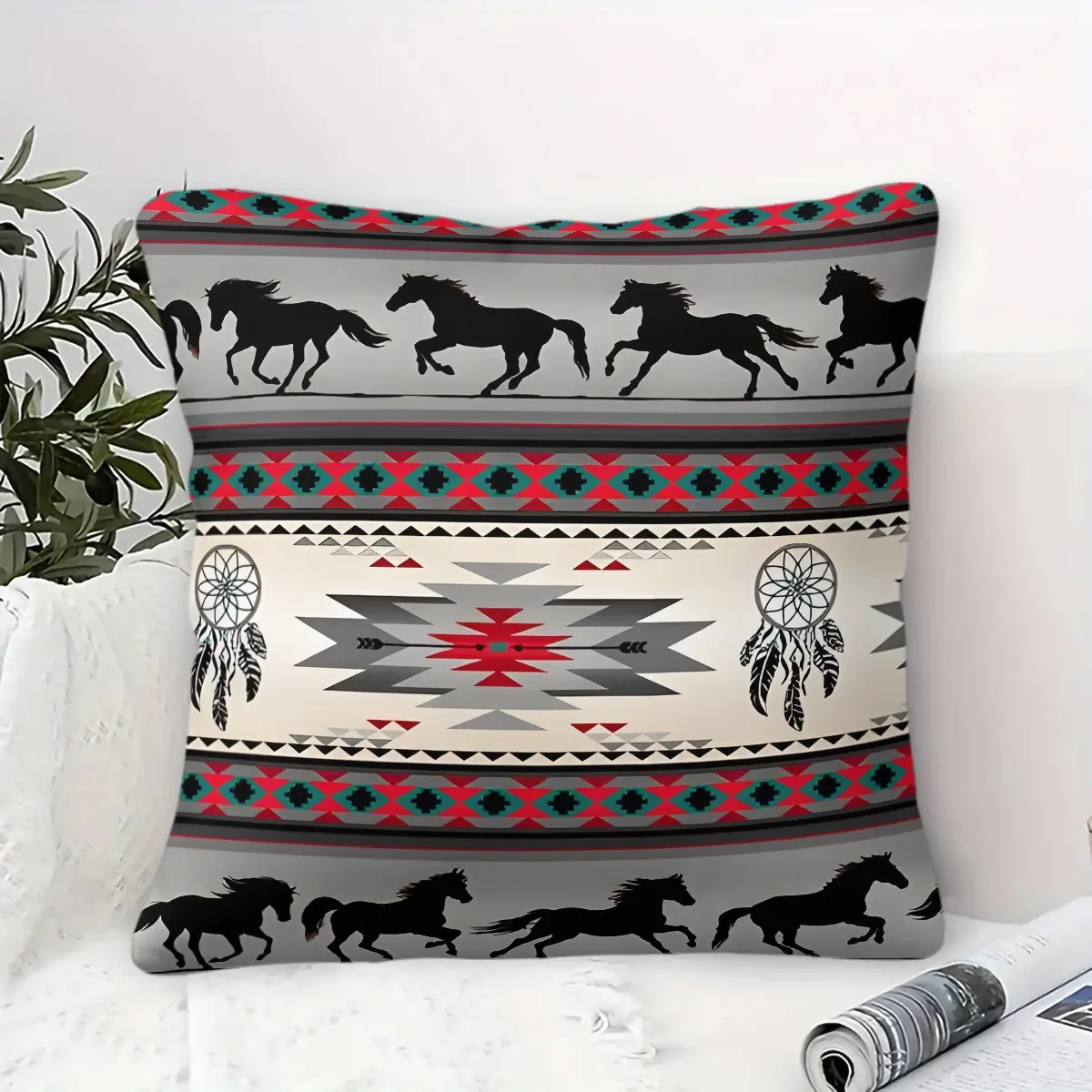 Southwestern Aztec Horse Pattern Accent Pillow, Navajo Tribal Bohemian Style Throw Pillow, Soft and Comfortable Western Country Cottage Bedroom Decoration Cushion, Decorative Cushion, Suitable for Sofas, Chairs and Beds (1 Piece Including Pillow Insert)