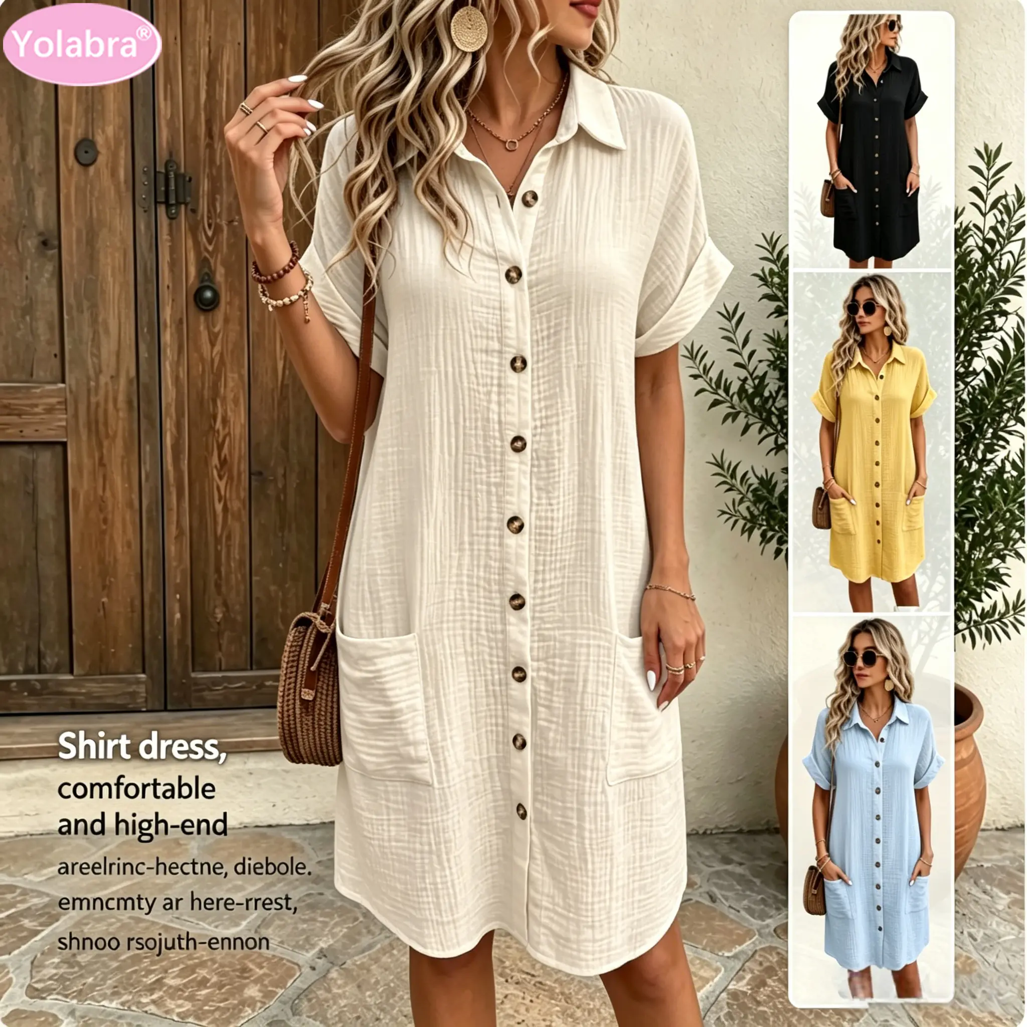 Yolabra New Casual Solid Color Button Front Shirt Dress Long Short Sleeve Loose Women Wear Soft Flowy Daily Vacation Office Trendy Multi Size Dress