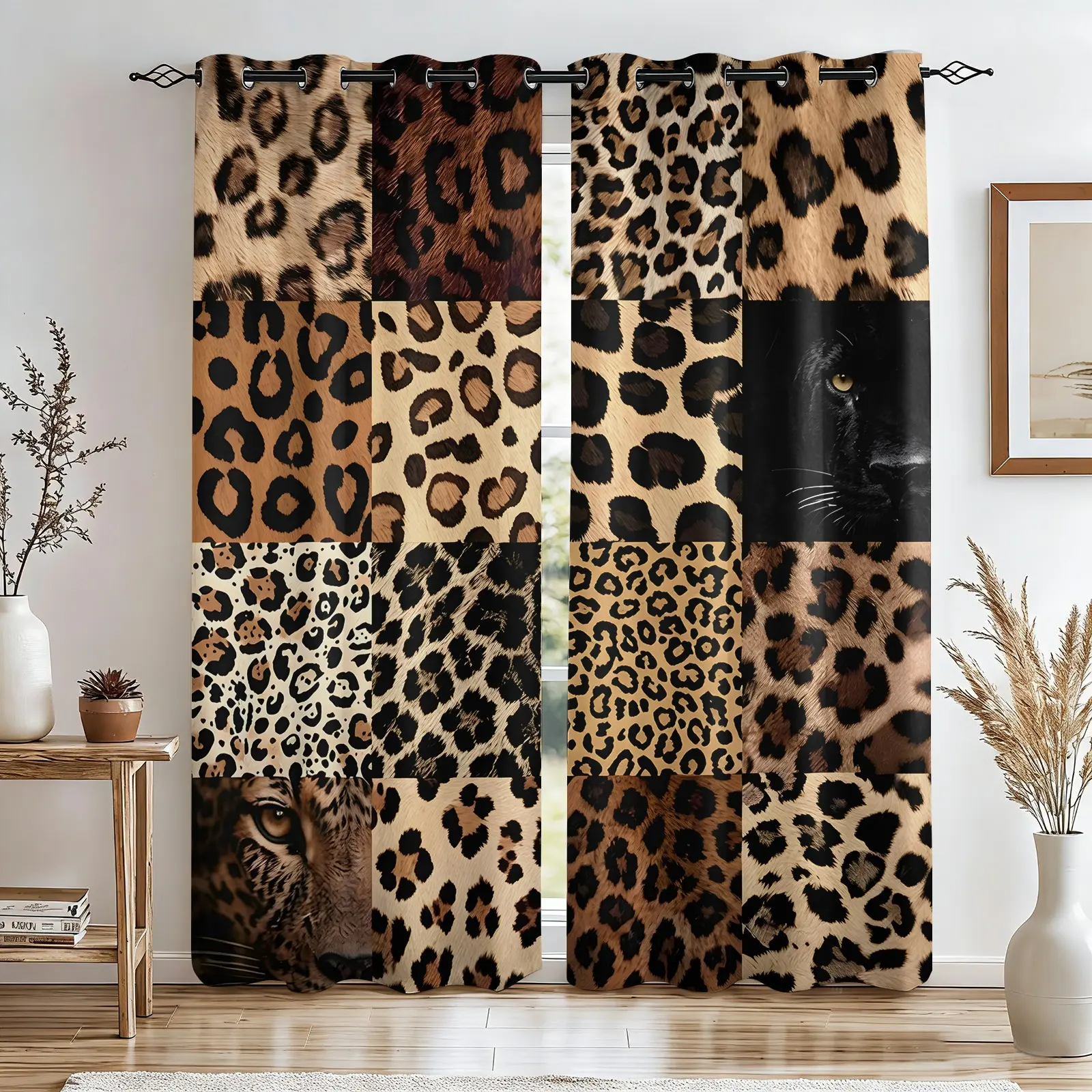 Two Pieces Leopard Spliced Camouflage Blackout Curtains, Curtain Panels, Thick Polyester Fabric Blocks Light, Heat And Noise. Machine Washable & Anti-Static Window Drapes With Wildlife Skin Texture Print, Boho Aesthetic Teen Bedrooms And Dorm Rooms Decor