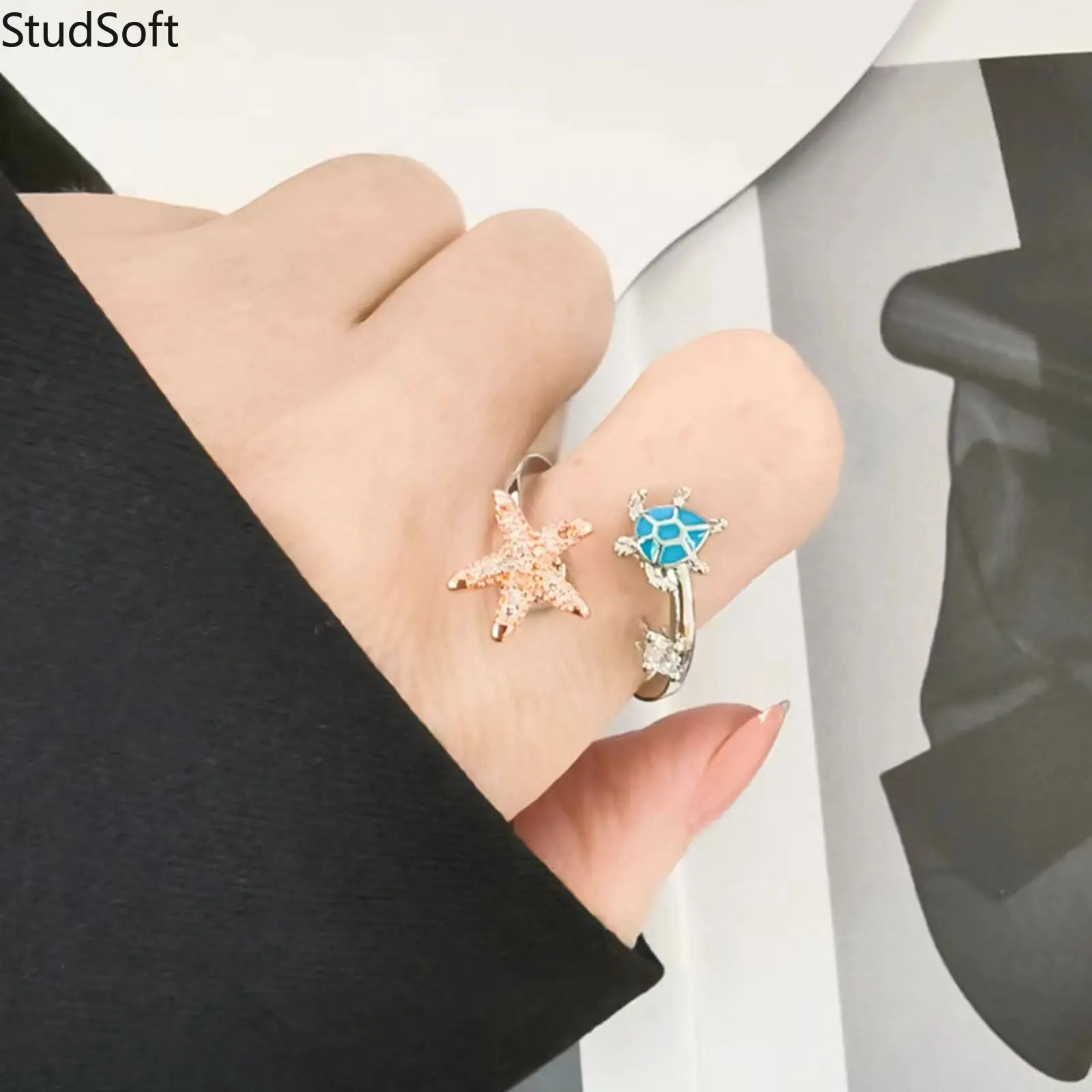 Women's 925 Sterling Silver Rotating Open Ring - Starfish, Sea Turtle, Cubic Zirconia Accents - Anxiety Fidget Spinner Stress Reliever Jewelry, Cute Gift for Sports & Outdoor Enthusiasts,back to school,back to school haul