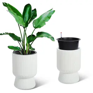 Self-Watering Tall Planters Set of 2 – 14.2" Large Modern Plant Pots with Built-In Drainage, Water Level Gauge, Heavy-Duty PP Construction – Indoor/Outdoor Flower Pots for Patio, Porch, Living Room