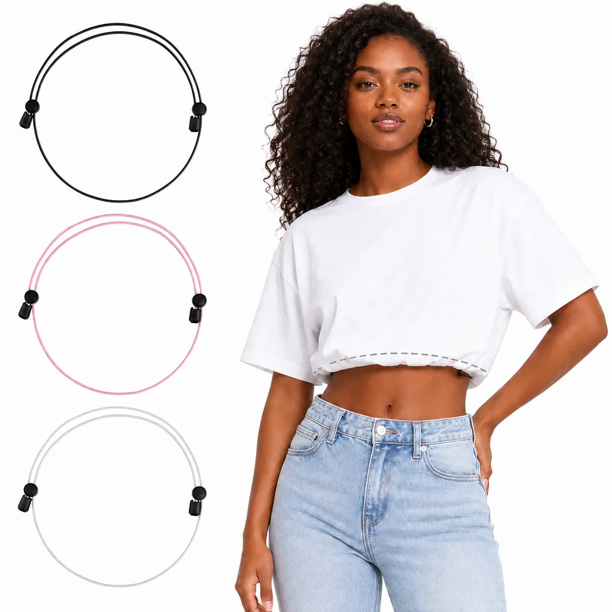 Women's 3-Pack Adjustable Crop Tuck Bands - Lightweight Nylon Female Belt, 23-60 in Shirt Cinch Belts for Minimalist Outfits, Casual Wear, Easy Tuck On Cropped Tops, Pink White Black Fashion Accessories