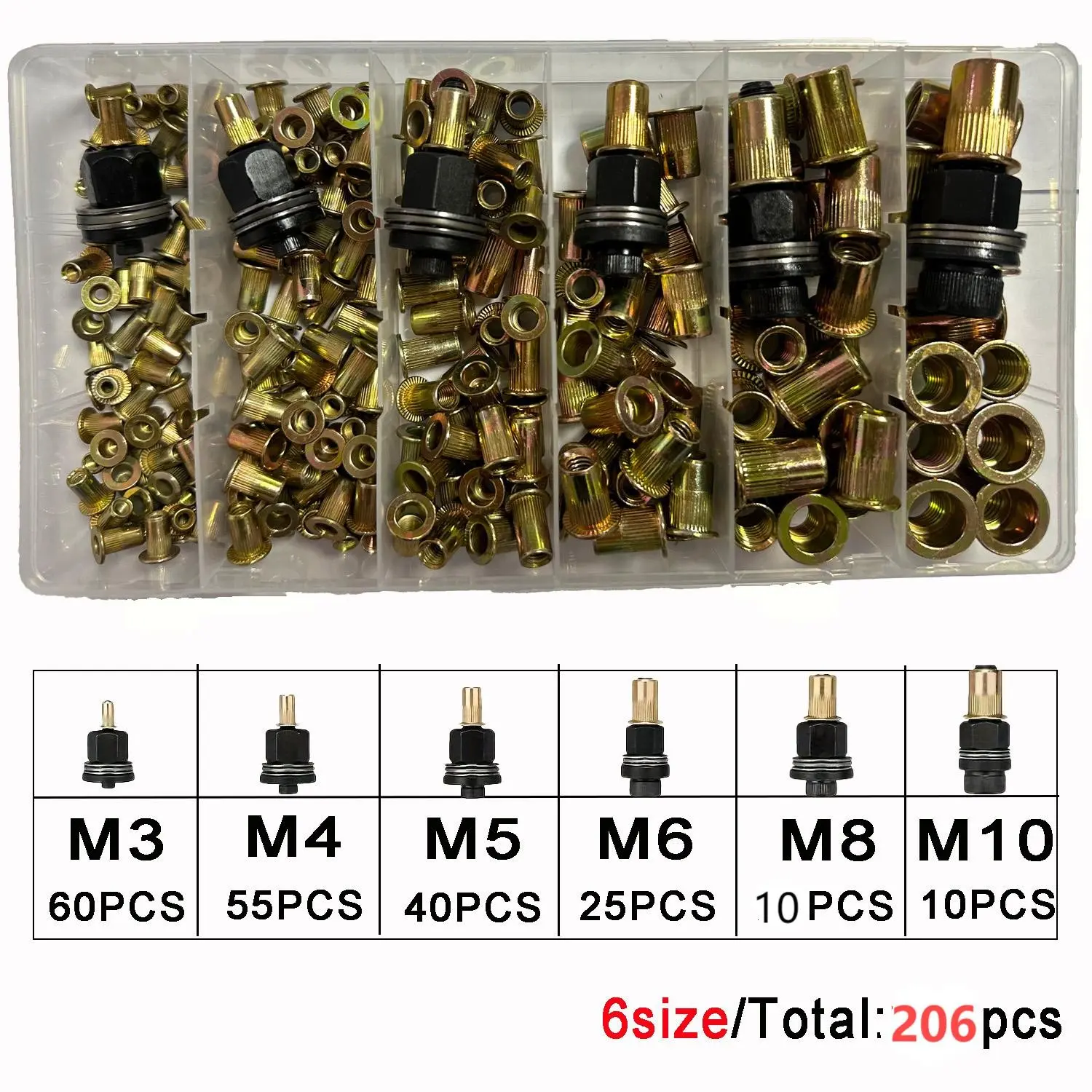 206 Pcs Assorted Zinc Plated Carbon Steel Blind Rivet Nuts Kit, Hardware, Knurled Flanged Blind Rivnuts with Anti-slip Design, Precise threads prevent stripping for stable fastening. Includes M3/M4/M5/M6/M8/M10, ideal for sheet metal.