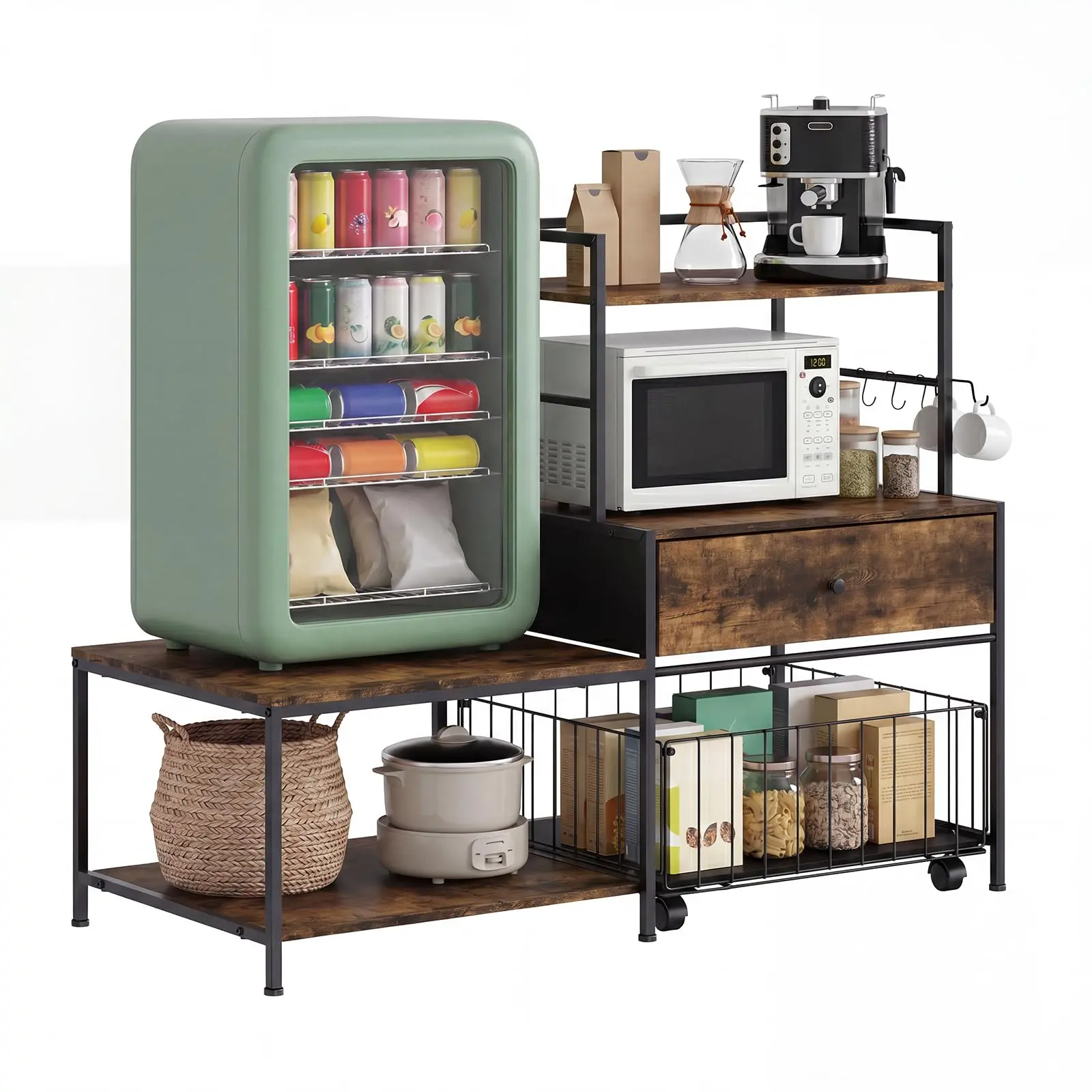 Garvee 35.8 in Mini Fridge Stand with Storage - Heavy-Duty Metal Baker’s Rack with Drawers, Microwave Shelf, Space-Saving Kitchen Organizer, Burn Color