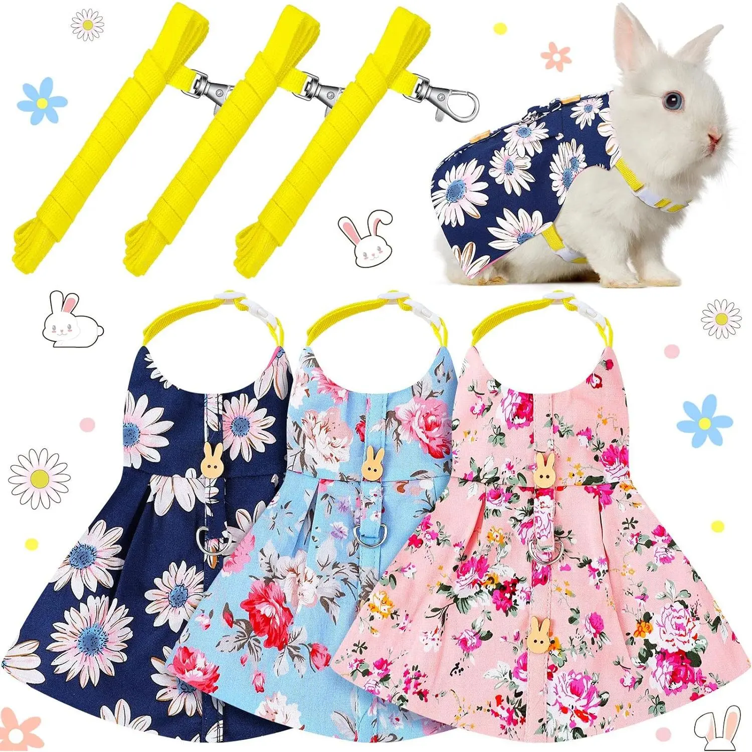 3Pcs Small Animal Escape-Proof Harness & Leash Set with Fabric Dress, Walking Aid for Rabbit, Hedgehog