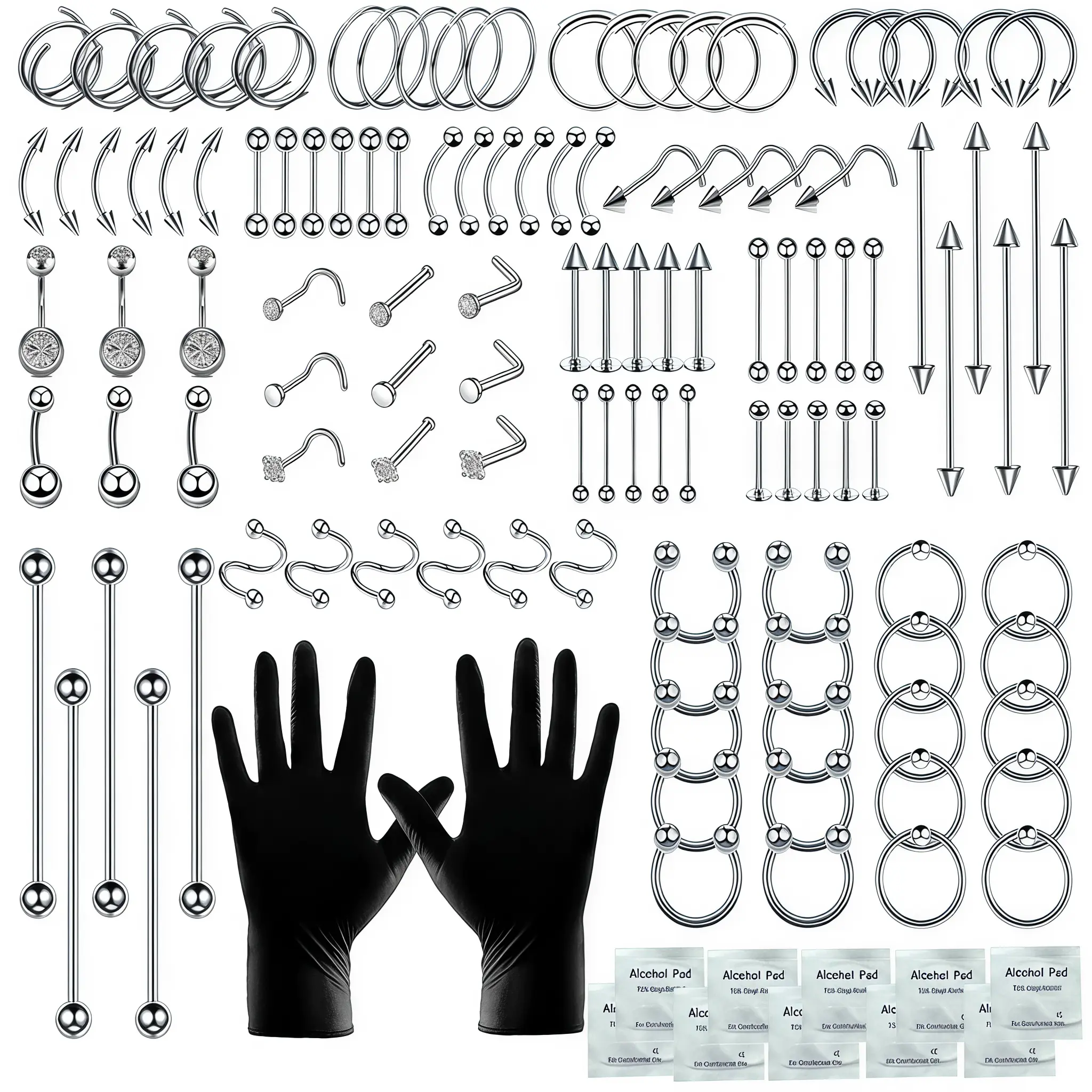 TKKUY 153Pcs Piercing Kit: 12G, 14G, 16G, 20G Needles & 316L Stainless Steel Jewelry for Nose, Belly, Lip, Ear & More