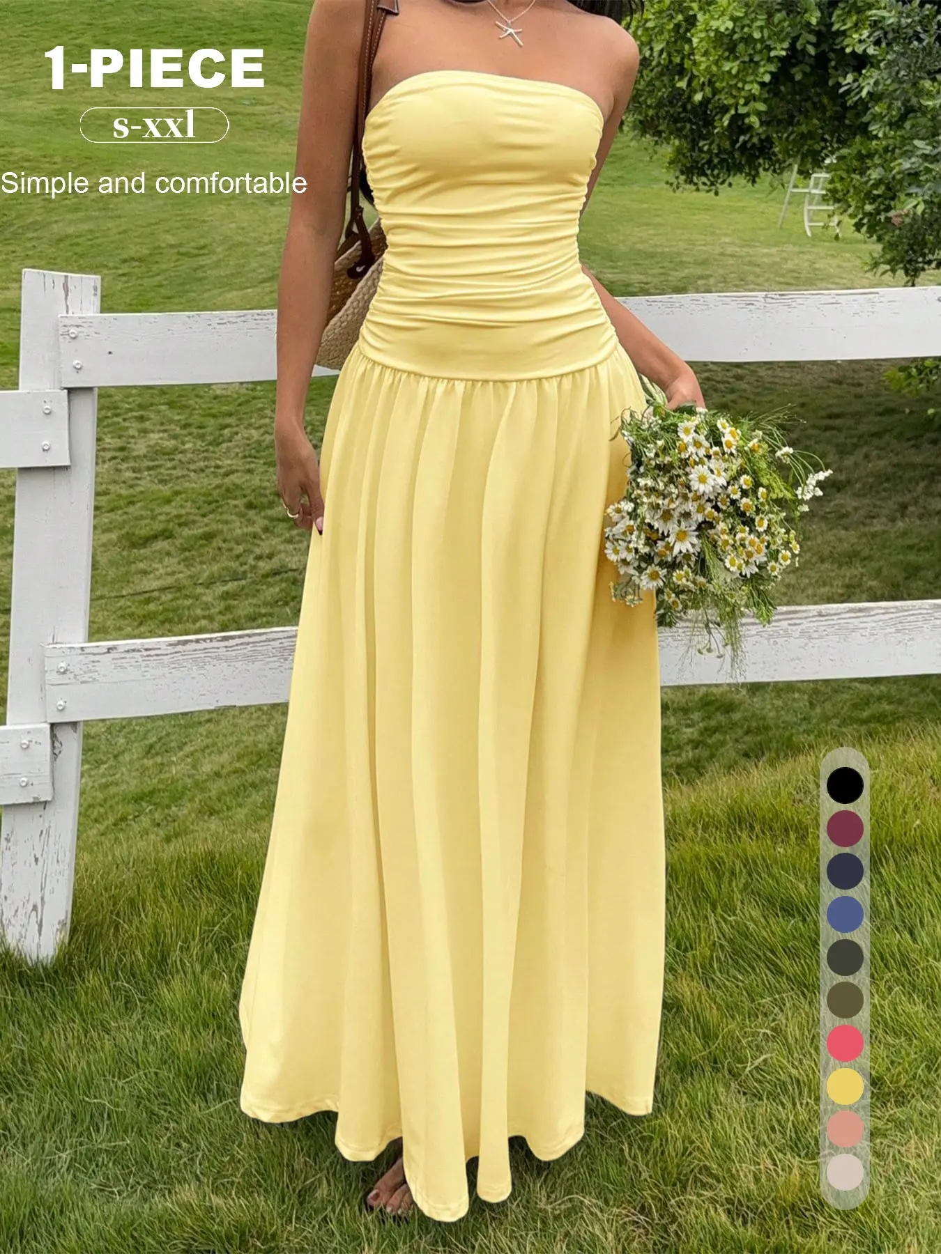 2026 Summer Strapless Tube Maxi Dress for Women, Fashion Ruched Slim Cinched Waist, Flowy a Line Long Dress, Casual Cottagecore Sundress, Beach, Casual Wear