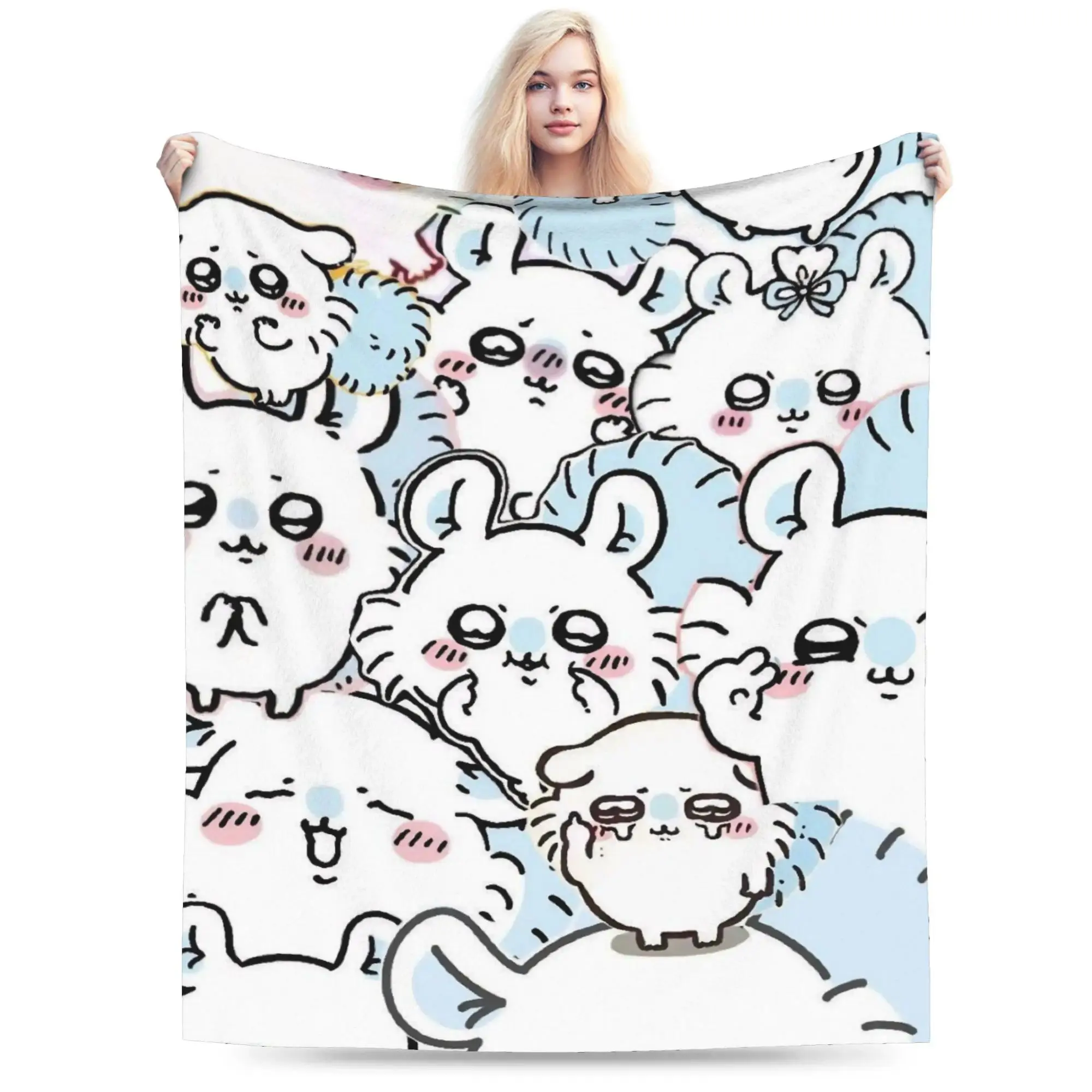 Chiikawa Momonga Plush Flannel Print Loose Throw Blanket, Polyester Unisex Camping Sleeping Gear, Cozy Soft for Bed, Bedroom Decor, Multi-Size, Outdoor Camping, Lightweight, Bedroom/Living