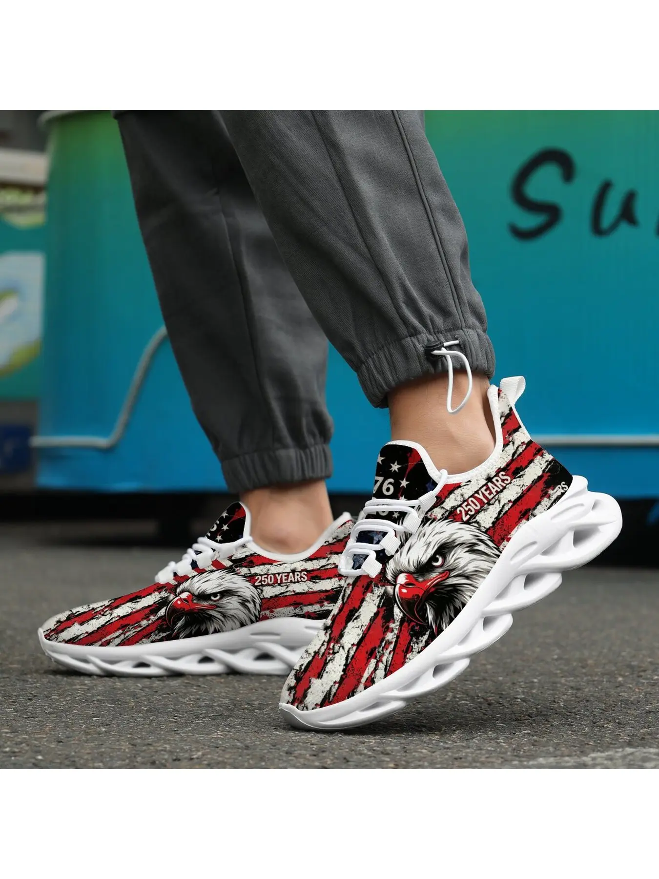 250th Anniversary American Eagle Print Fashion Sneakers, USA Flag Patriotic 1776 Design Lightweight Breathable Running Shoes, White Thick Sole Casual Athletic Shoes Sports Casual Shoes Independence Day