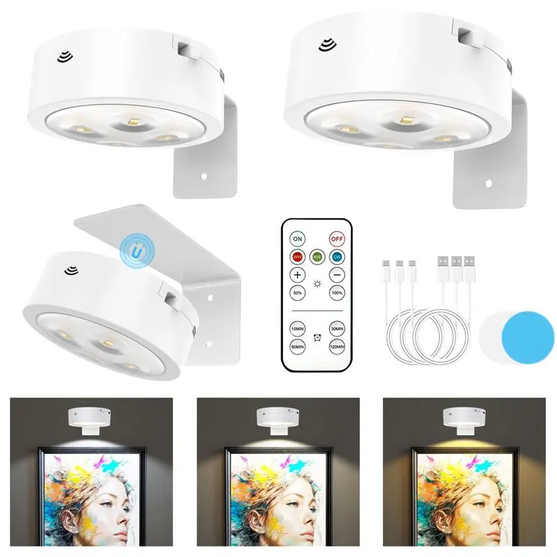3 Pack Picture Lights for Wall, Rechargeable Battery Operated wall lights, Magnetic Painting Light with 3 Lighting Modes, Remote and Timer Art Display Light for Picture, Wireless Wall Puck Lights, Indoor Lighting