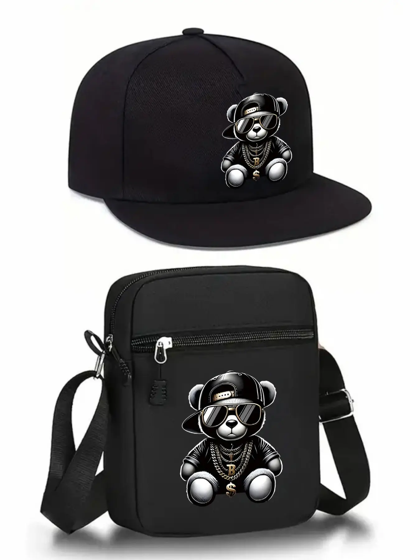 Hip-Hop Bear Graphic Baseball Hat and Crossbody Bag Set, Adjustable Street Fashion Outdoor Sports Accessories, Perfect for Daily Wear and Gifts
