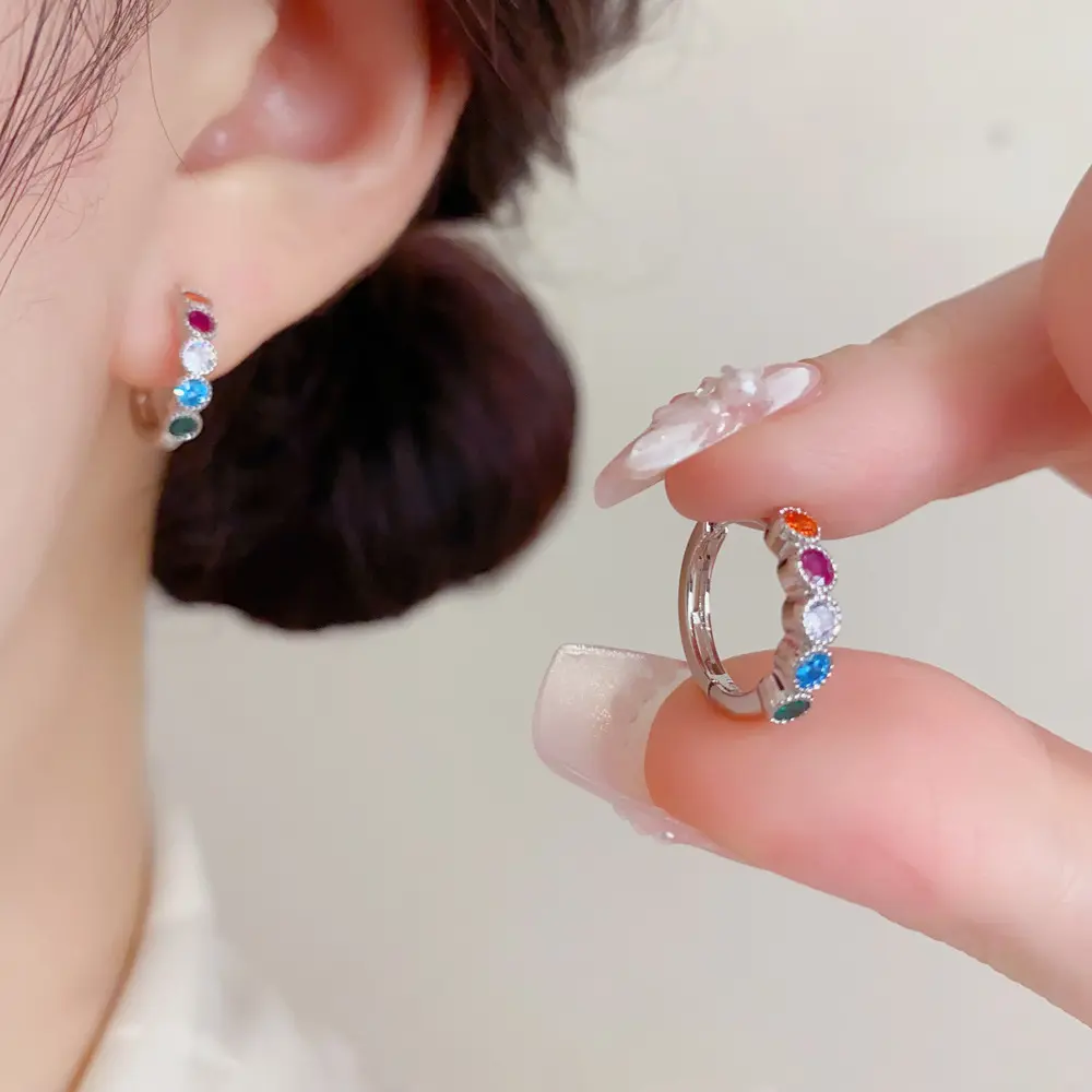 Women's Rainbow Huggie Earrings Hypoallergenic Colorful Rhinestone Small Silver Hoops For Everyday Summer Wear Dopamine Jewelry Dainty Stacking Accessory