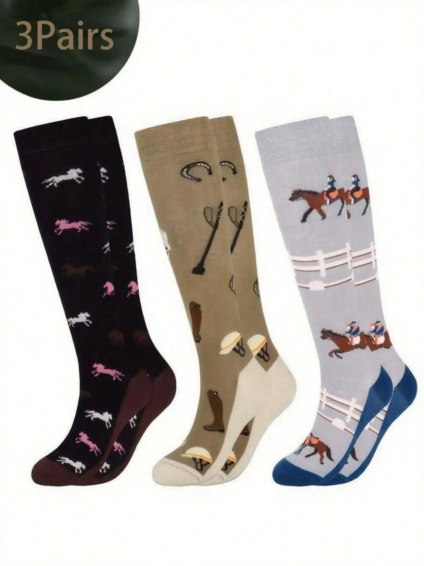 3 Pairs Women's Knee-High Socks, Comfortable Soft Outdoor Sports Socks, Cartoon Horse Pattern, Y2K Style, Teenager Novelty Socks