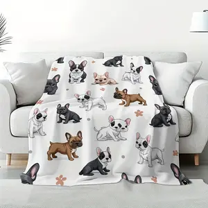 1Pc Comfortable French-Style Bulldog Print Plush Blanket - Lightweight, Soft Polyester Flannel With Cartoon Dog Design, Suitable For Sofa, Couch, Bed, Office, And Camping - Ideal Gift For Animal Lovers, All-Season Comfort |   Cartoon French-Style