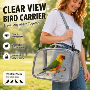 Clear View Bird Travel Cage, Portable Breathable Carrier with Perch & Tray for Cockatiel, Conure, Lovebird and Small Birds &pets