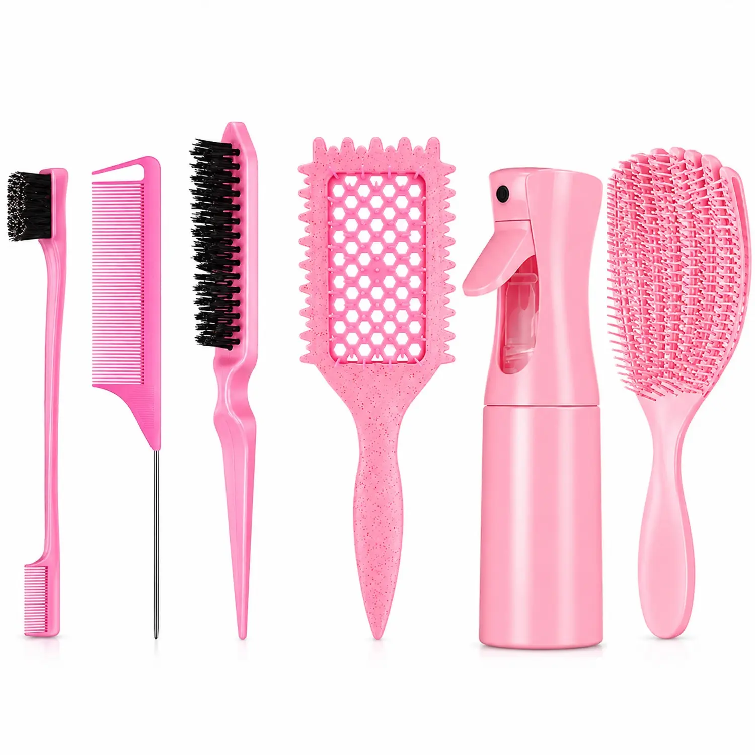 Curl Defining Vent Brush Styling Set, 6PCS Curly Hair Tools with Fine Mist Spray Bottle, Detangling Brush, Rat Tail Comb, Edge Brush & Teasing Brush for Curl Definition, Detangling, Refreshing & Everyday Styling, Detangling Kit
