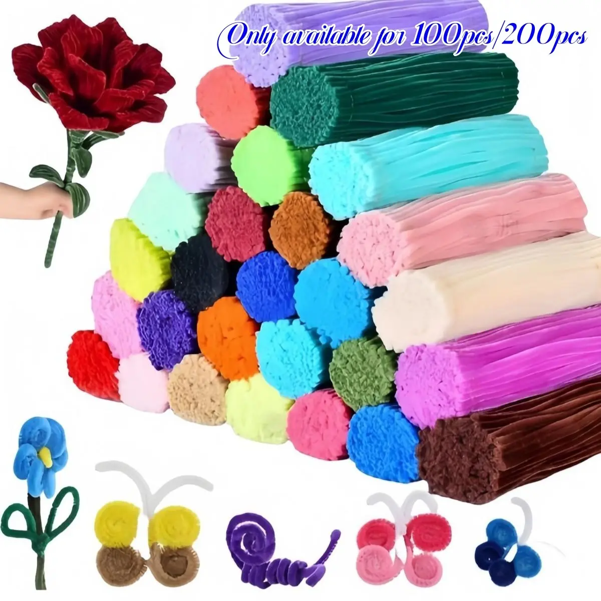 Colorful Chenille Stems, 100/200 Pcs Multi-Colored Pipe Cleaners for Craft Supplies, Fuzzy Pipe Cleaners Bulk for DIY Arts Projects, Rose Flower, Handicraft, Floral Decoration, DIY Crafts Supplies