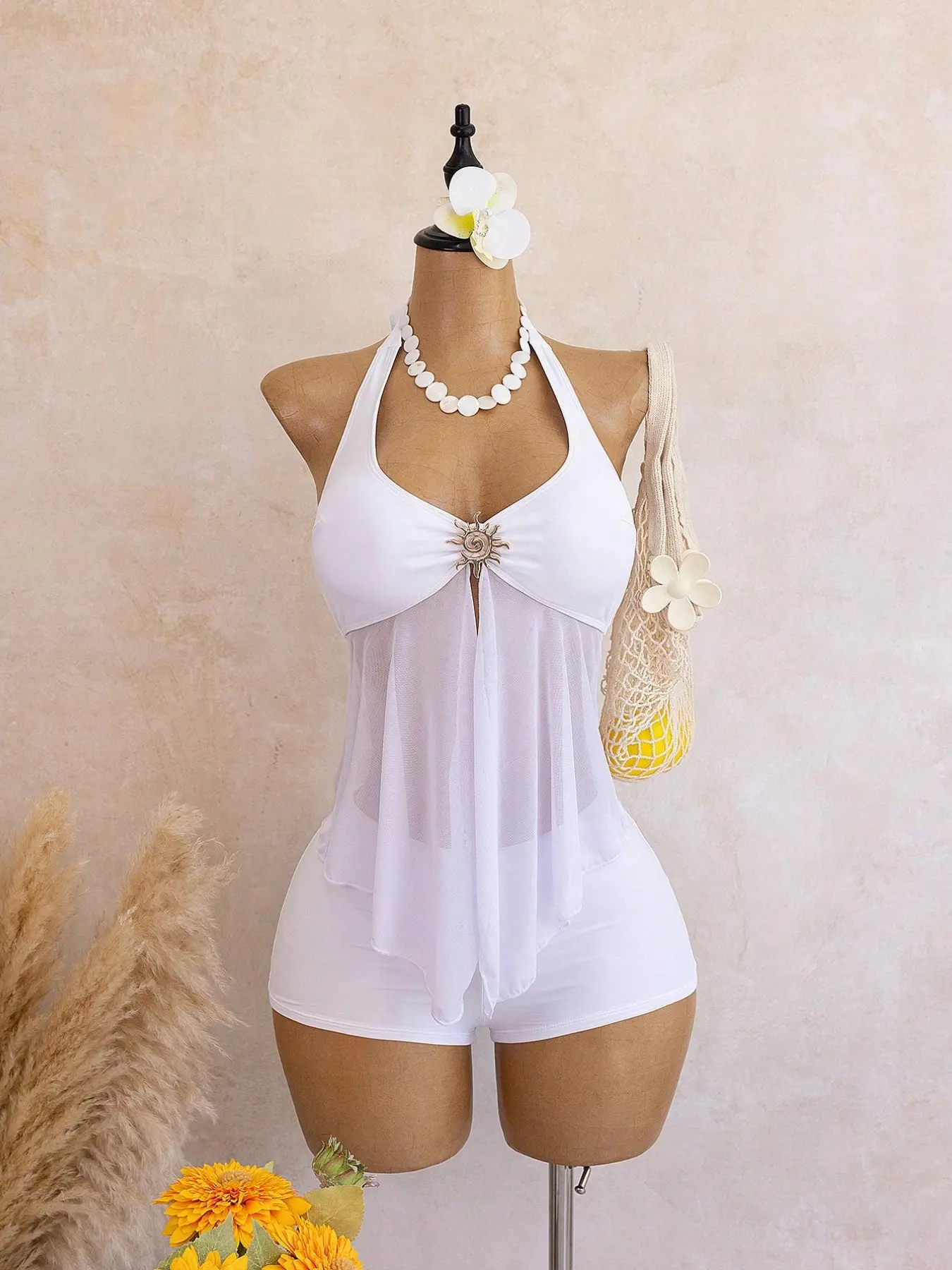 Summer Women's Pure Halter Neckline Tankini Top Sun Metal Buckle Swimsuit, Flowy Mesh Bottoms, Beach Vacation Two-Piece Set, Conceals Belly Fat, Fashion Tankini Swimsuit