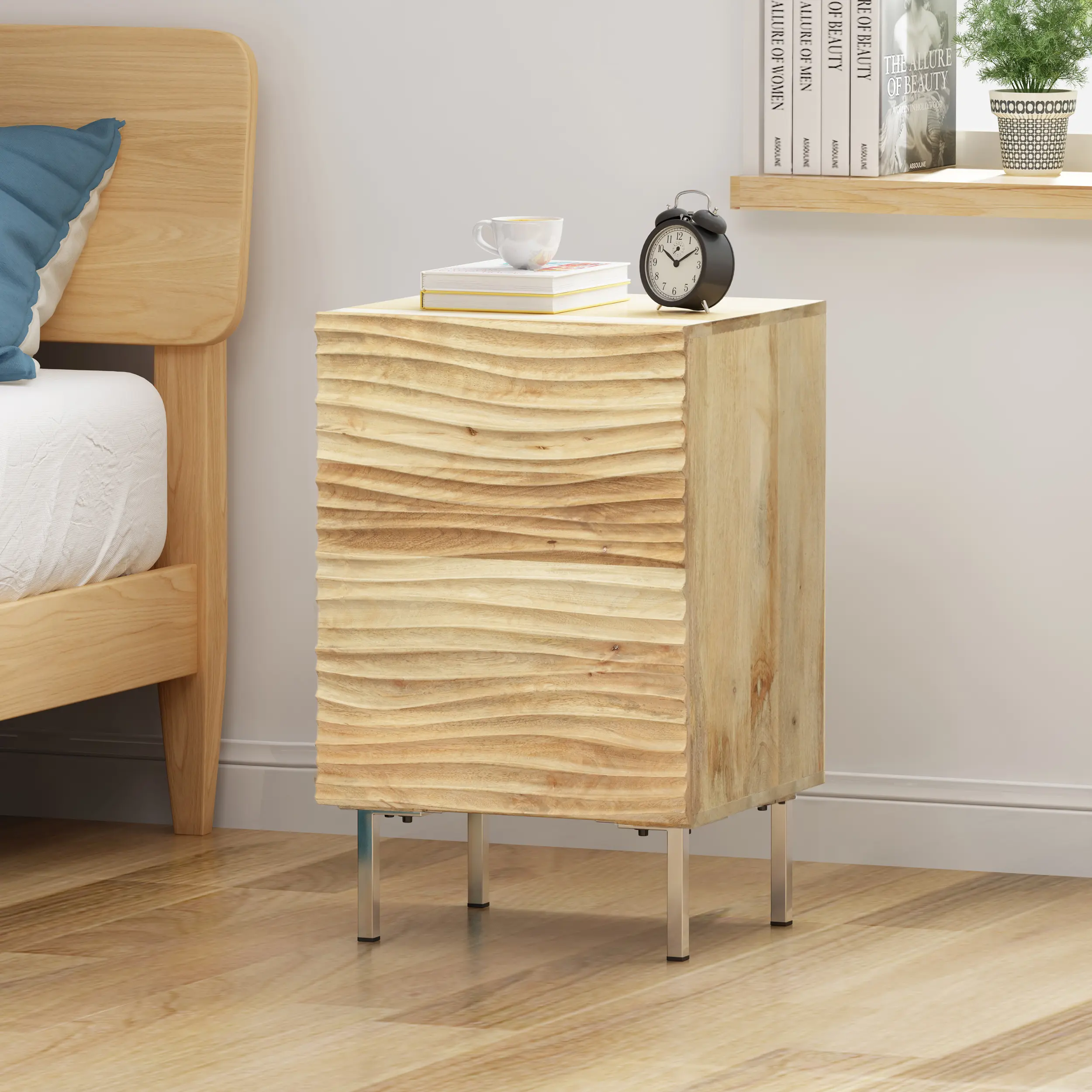 ARCH Handcrafted Mango Wood Nightstand with Storage Cabinet and Shelf, Natural Finish, 16Wx18Dx28H Inch Bedside Table for Bedroom, Living Room, Modern Minimalist End Table with Iron Legs, Single Door Nightstand, Natural Color Options