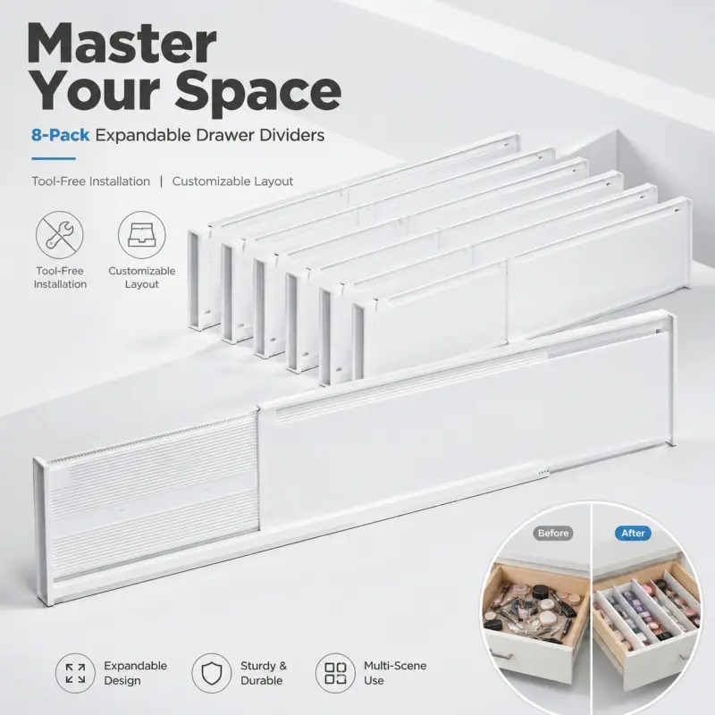 8Pcs Expandable Drawer Dividers | Tool-Free Adjustable for Home Organization