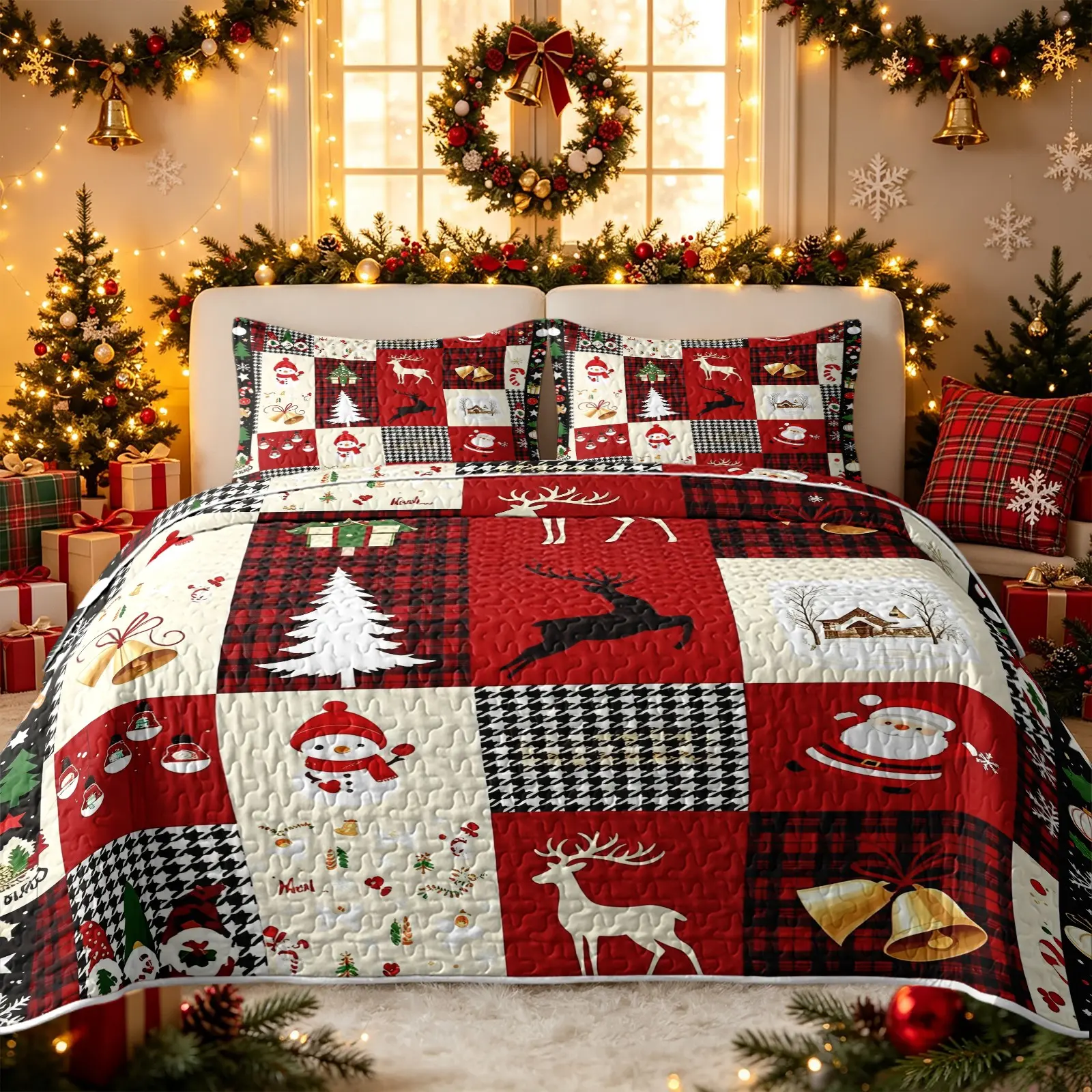 3pcs Christmas-Themed Patchwork Quilted Bedding Set, Santa and Reindeer Checkered Bedspread, Machine-Washable Reversible Bedspread, Includes Pillowcases, No Duvet Insert, Suitable for All Seasons, Christmas Giftift