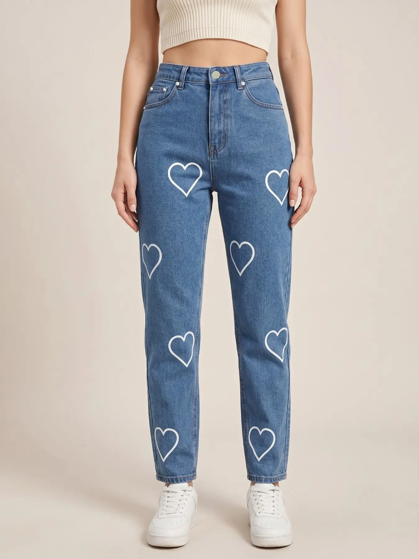 Women's High Waisted Heart Print Jeans Pockets Y2K Aesthetic Cute Denim Pants Slim Tapered Casual Streetwear Trousers Vintage Coquette Graphic Bottoms Trendy Viral TikTok Fashion Standard Fit