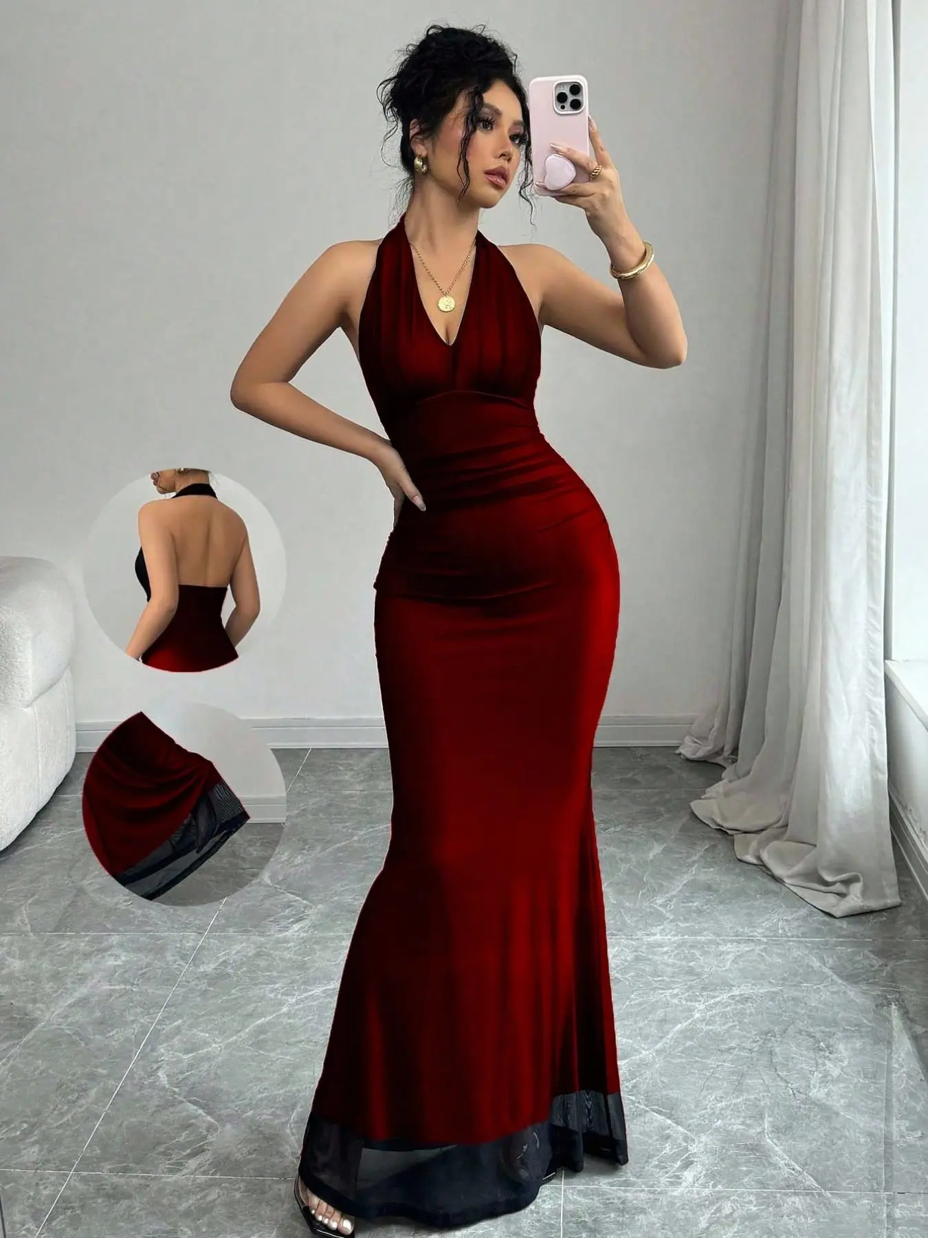 Elegant Bodycon Fish Tail Hem V Neck Waist Pleated Knit Mesh Long Dress, Elegant Party Gown, Suitable for All Seasons, Perfect for Evening Formal Wear
