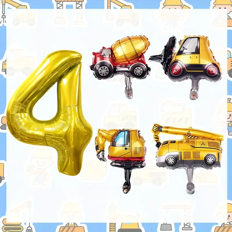 Construction Theme Birthday Balloon Set, 32-Inch Numbers 2-7, Mini Excavator, Bulldozer, Crane Balloons, Kids Party Decor, Balloon Decorations Kit