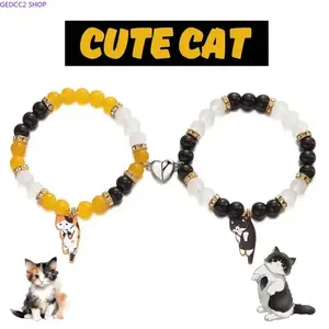 Women 2 Pack Sports Wristbands with Kitten Heart Pendants, Cute Matching Love Couple Bracelet Sets, All Season Romantic Couple Gift