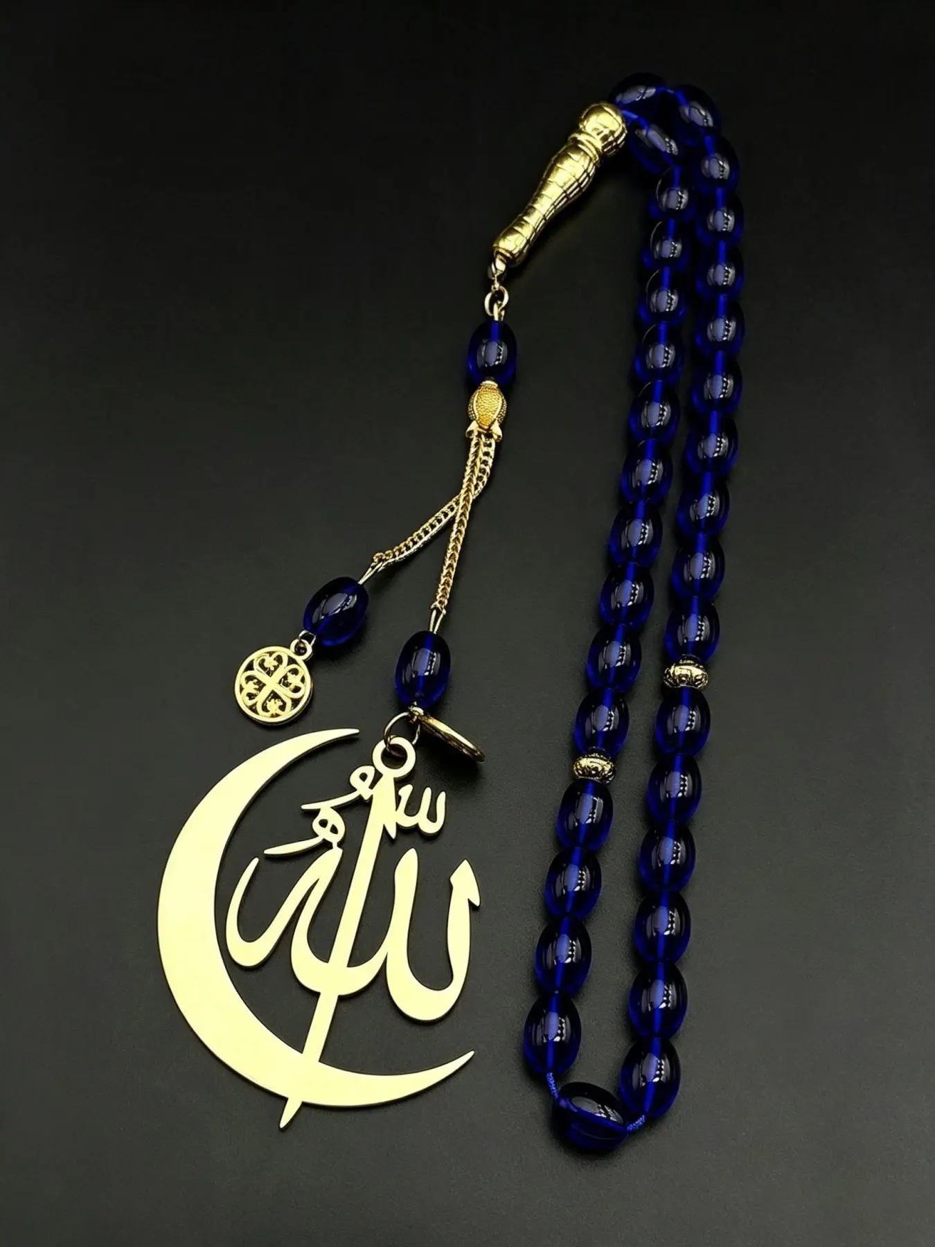 Muslim Allah Crescent Moon Car Pendant for Women Men Stainless Steel Gold Color Arabic Blue Glass 33 Prayer Beads Chain Jewelry