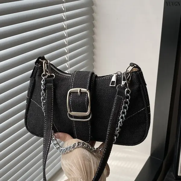 Dual-Strap Denim Hobo Purse - Contrast-Stitch Chain Decor Underarm Bag, Adjustable Strap Wide-Shoulder Casual Handbag for Sports & Outdoor Gym Use, Daily Streetwear Outfits, Double Handle, Dark Blue, Everyday Purse