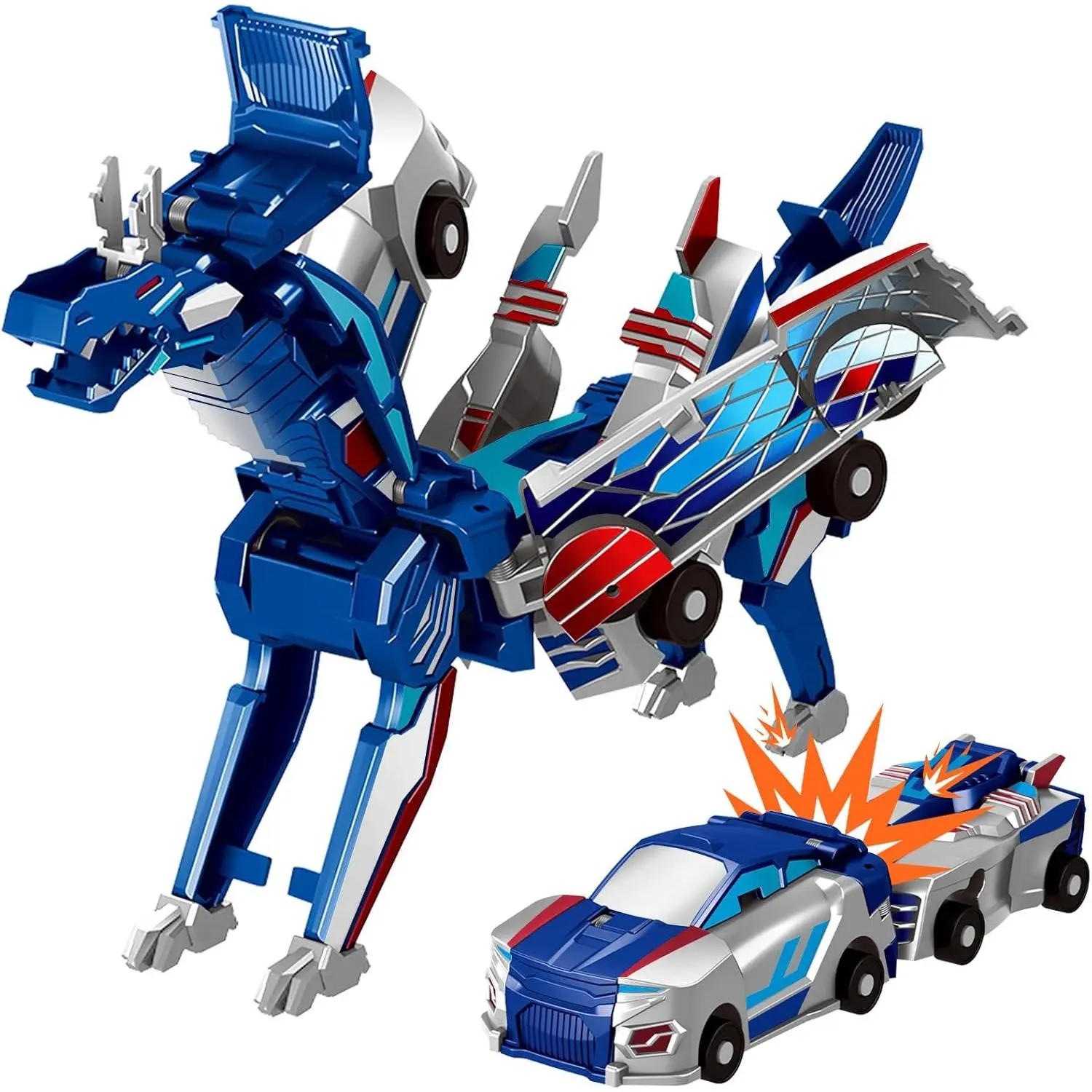 Collision Transming Dinosaur Car Toy, 2 Magnetic Cars Transm into Dinosaur Toys  Kids Toddler Fun Demation Robot Dino Car Christmas Birthday Gift Toys  Boys Girls(Blue Dragon)
