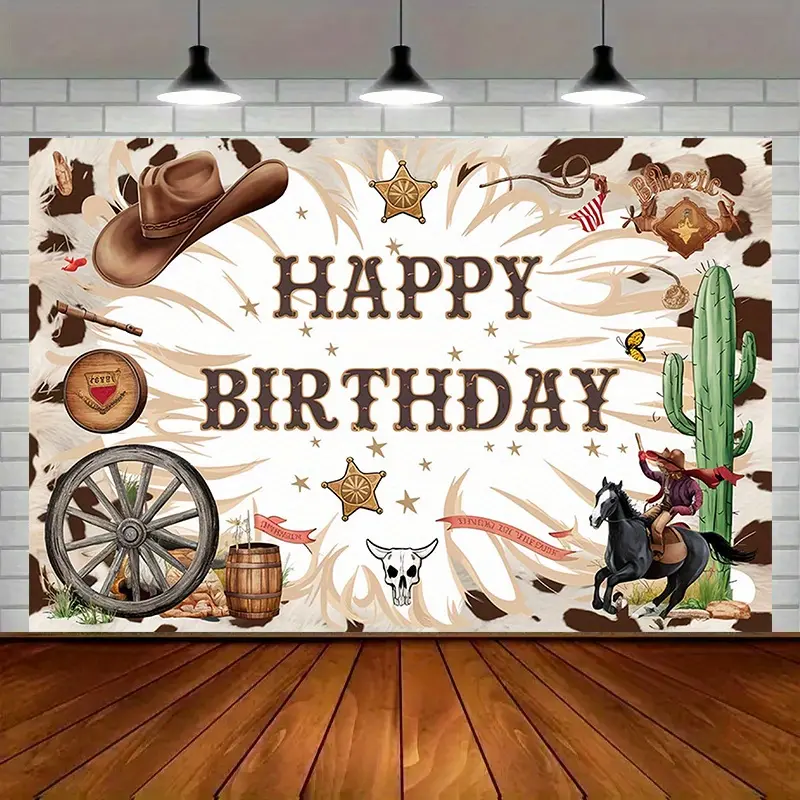 Western Cowboy Birthday 2D Flat Banner – Rustic Wild West Backdrop, Single-Sided Polyester, Metal Grommets for Easy Hanging, Photo Booth & Birthday Party Decorations
