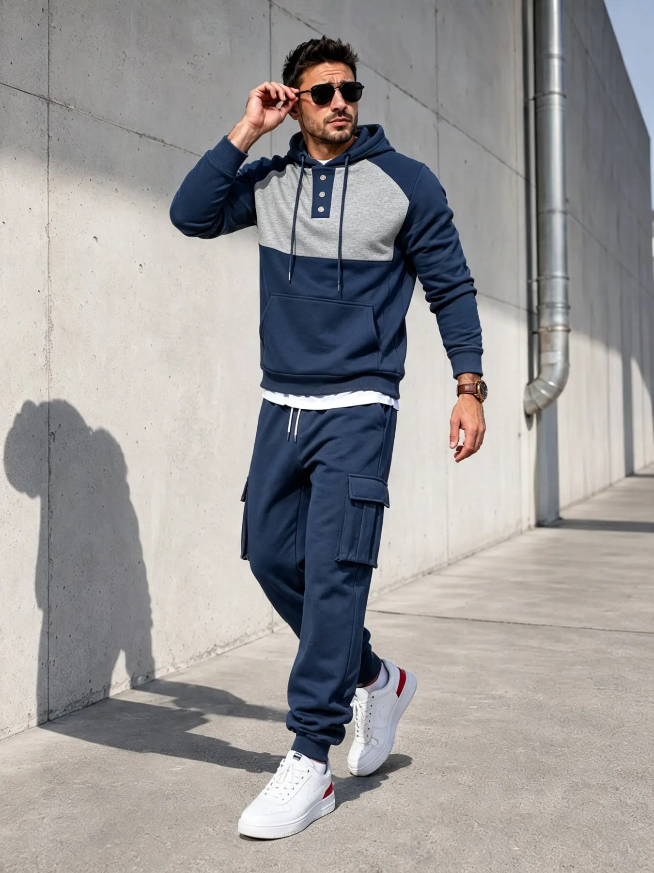 Men's 2-Piece Set Hoodie and Cargo Pants, American High Street Style, Colorblock Button Front, Work Pockets, Fall Winter